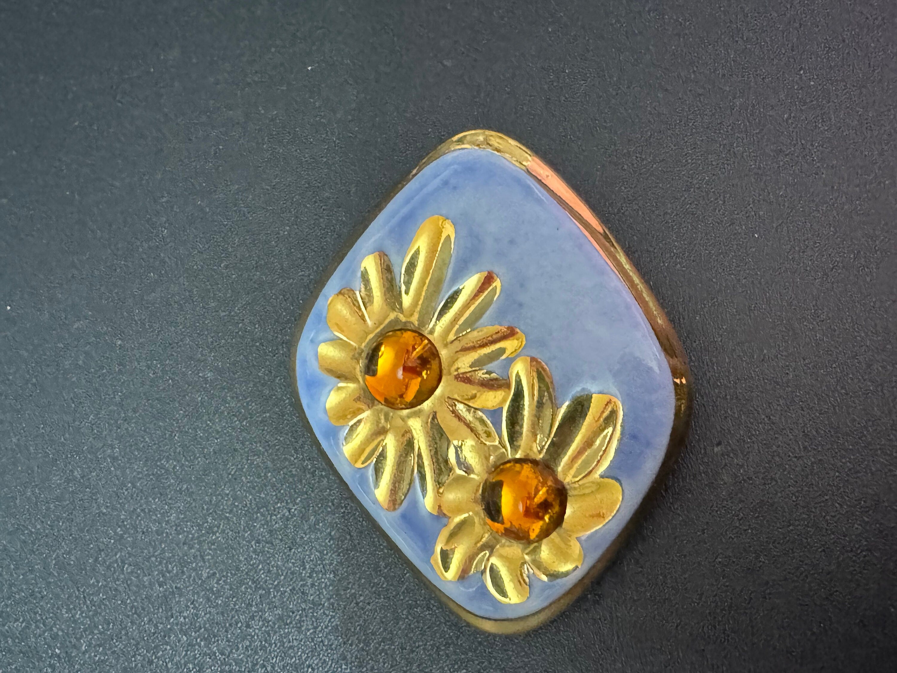 Signed channel island pottery Vintage ceramic turquoise blue orange gold large brooch
