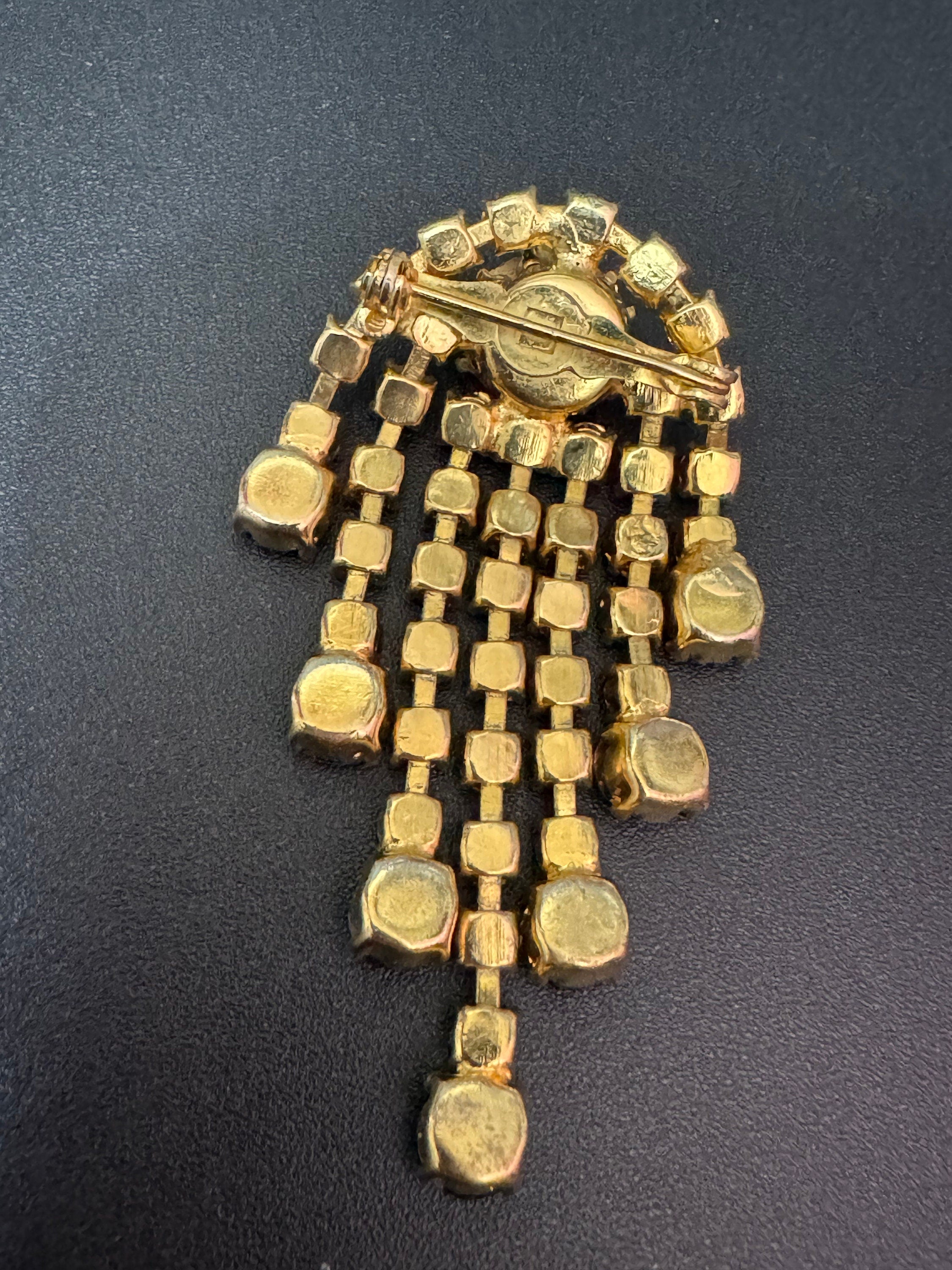 vintage gold tone waterfall brooch with large diamanté brown cognac glass stones