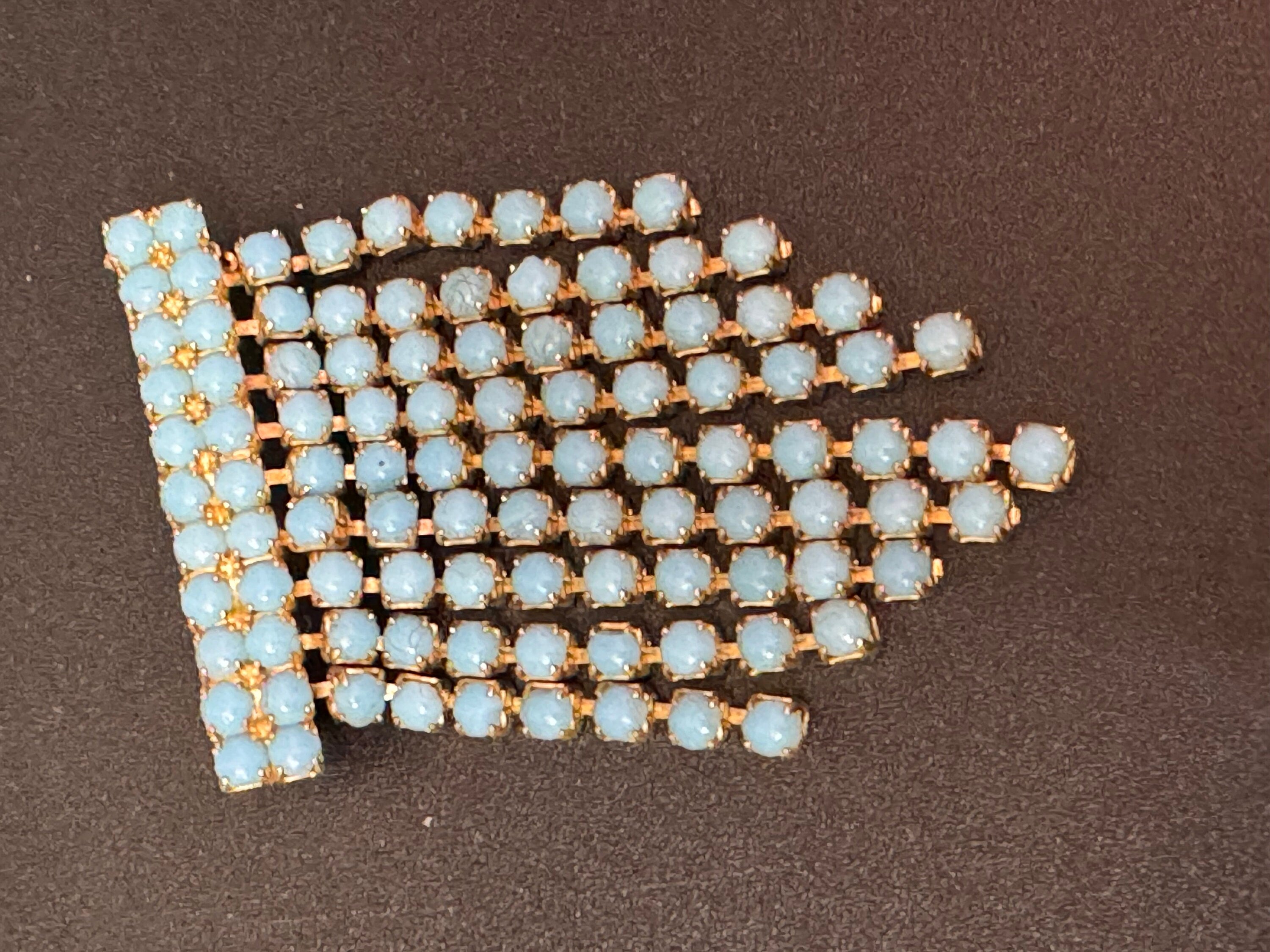 vintage modernist mid century gold tone mesh turquoise beaded prong set waterfall drop brooch 6cm 1960s 1970s