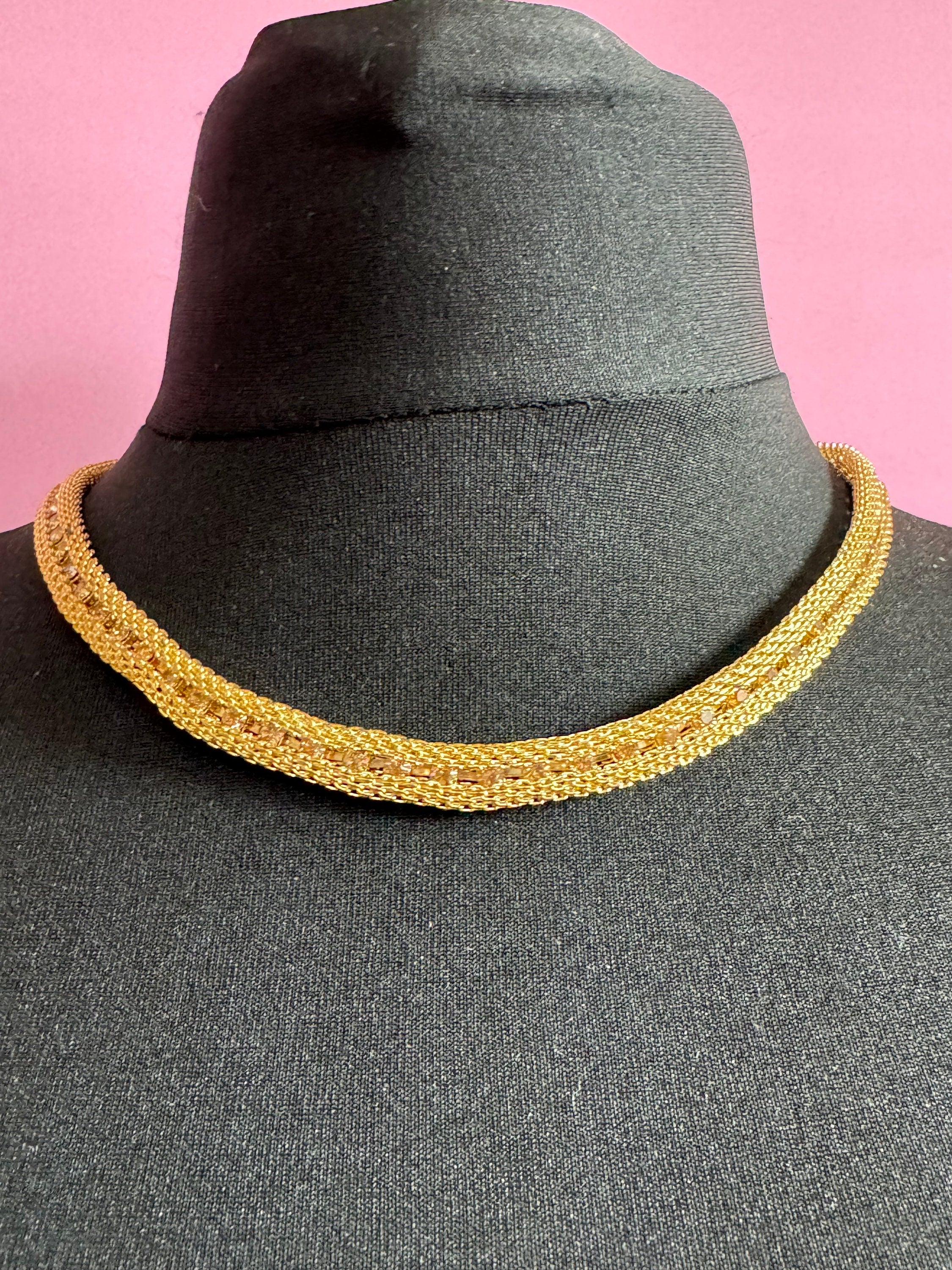 Vintage gold tone topaz colour light brown diamanté mesh choker necklace 57cm fixed length