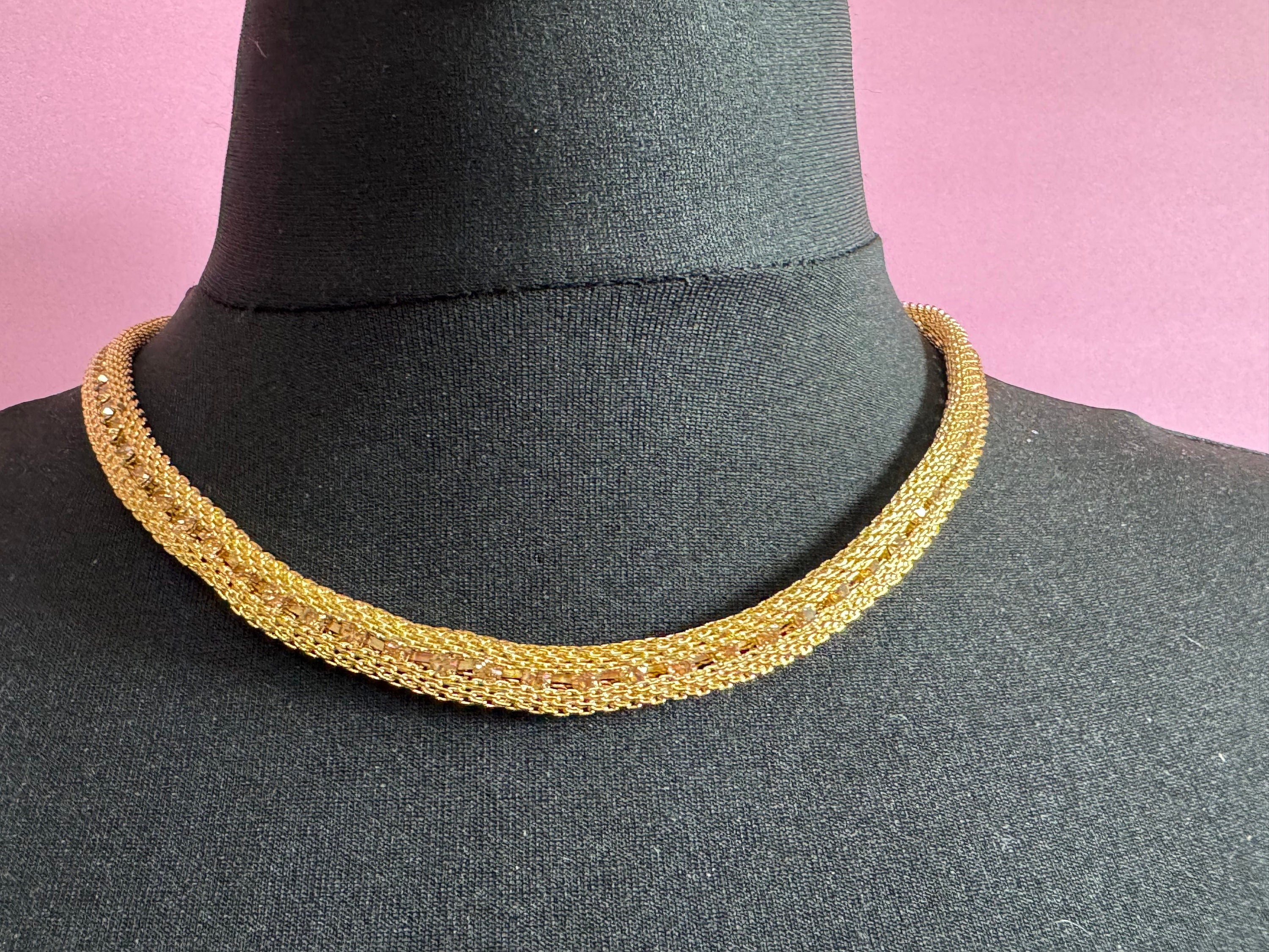 Vintage gold tone topaz colour light brown diamanté mesh choker necklace 57cm fixed length