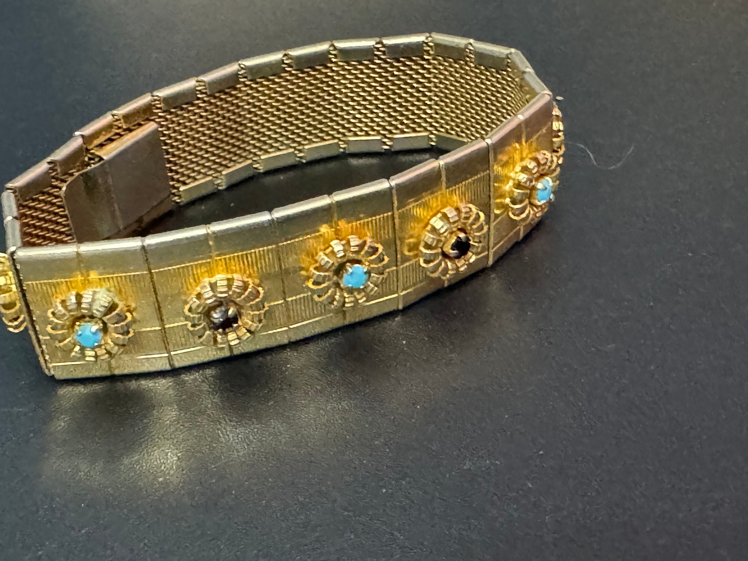Mid century modernist gold black and turquoise paste gem set wide cuff bracelet 1960s  1970s   Brutalist abstract