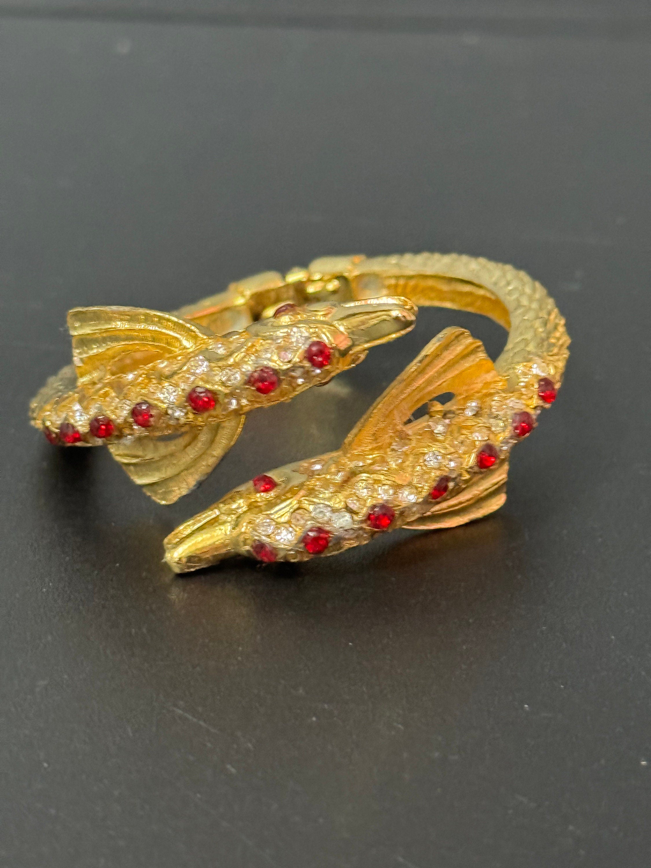 Retro dolphin fish nautical gold tone ruby red and clear diamanté clamper bangle