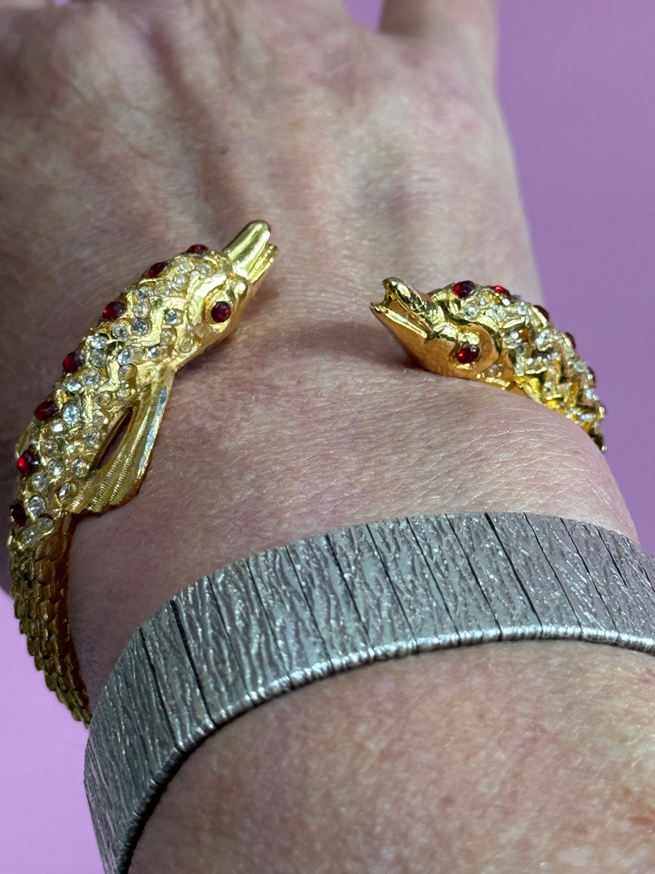 Retro dolphin fish nautical gold tone ruby red and clear diamanté clamper bangle