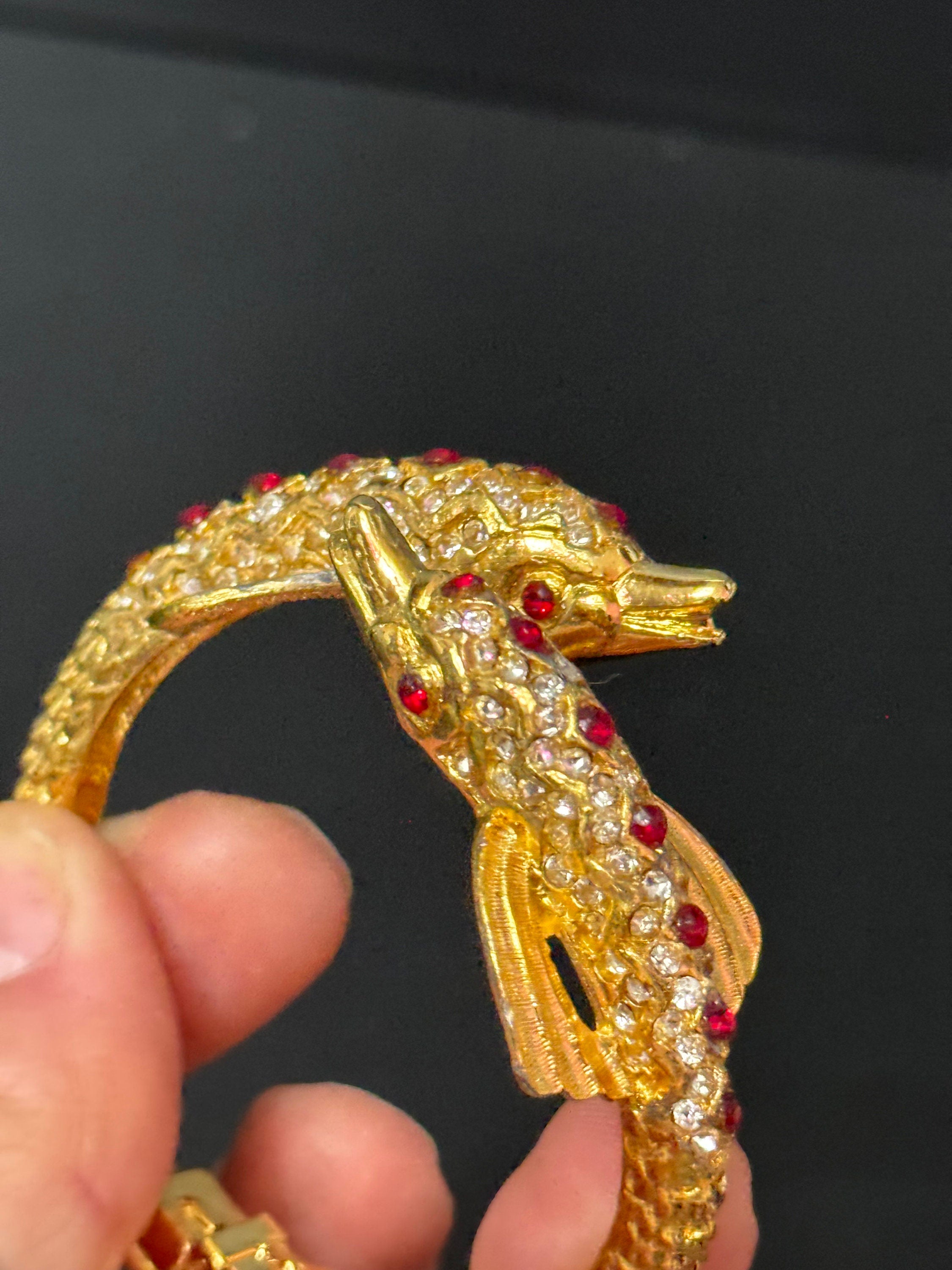 Retro dolphin fish nautical gold tone ruby red and clear diamanté clamper bangle