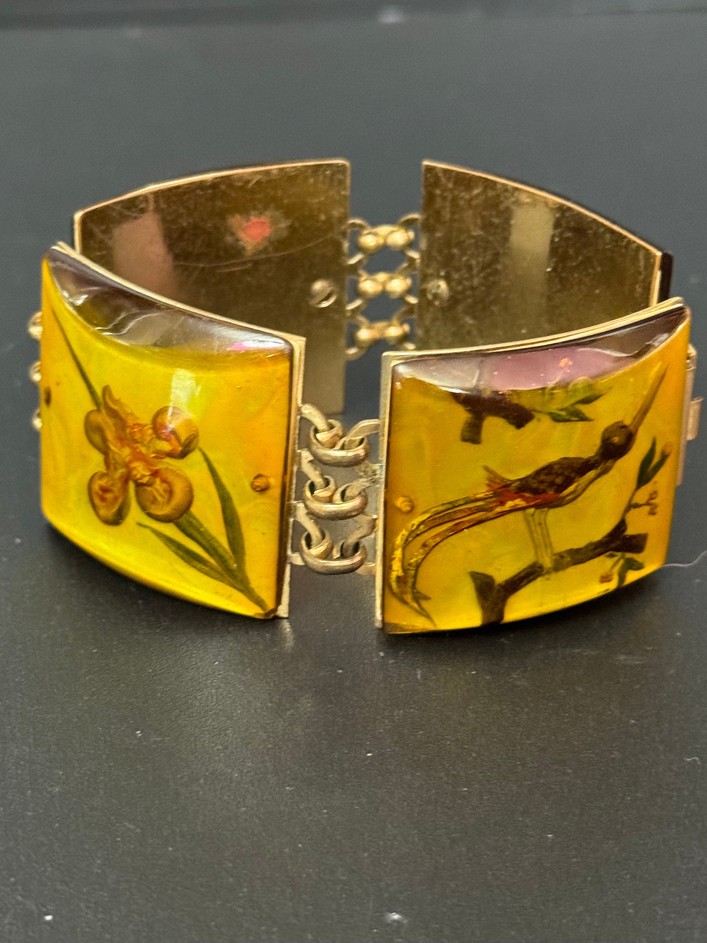 Vintage reverse carved lucite Chinese early plastic panel link bracelet 1940s 1950s