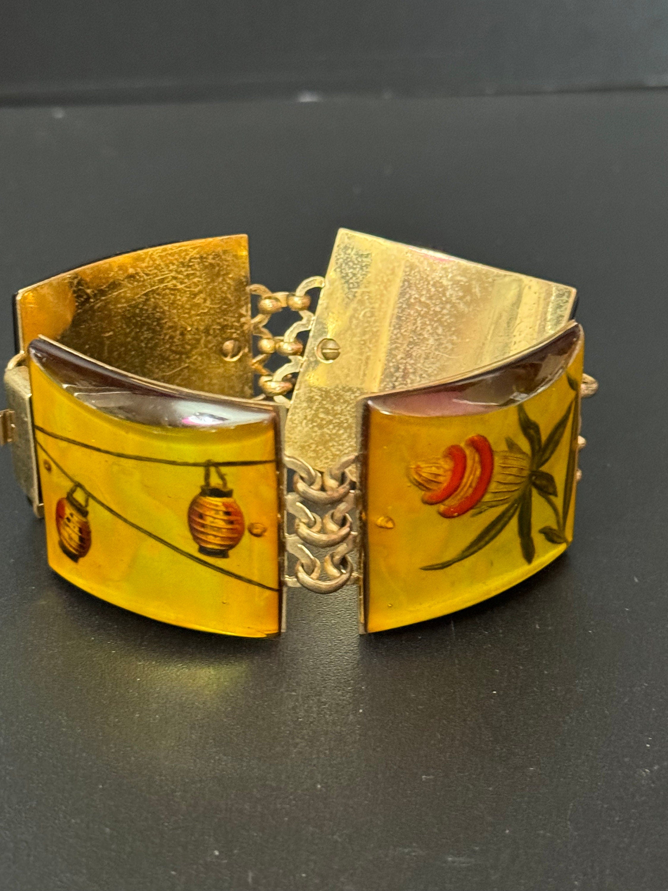 Vintage reverse carved lucite Chinese early plastic panel link bracelet 1940s 1950s