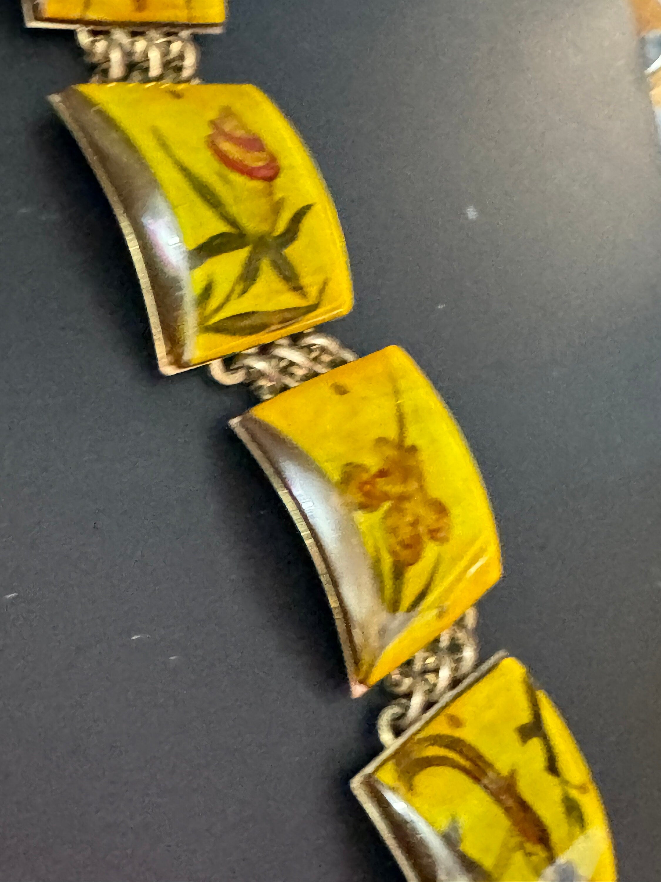 Vintage reverse carved lucite Chinese early plastic panel link bracelet 1940s 1950s