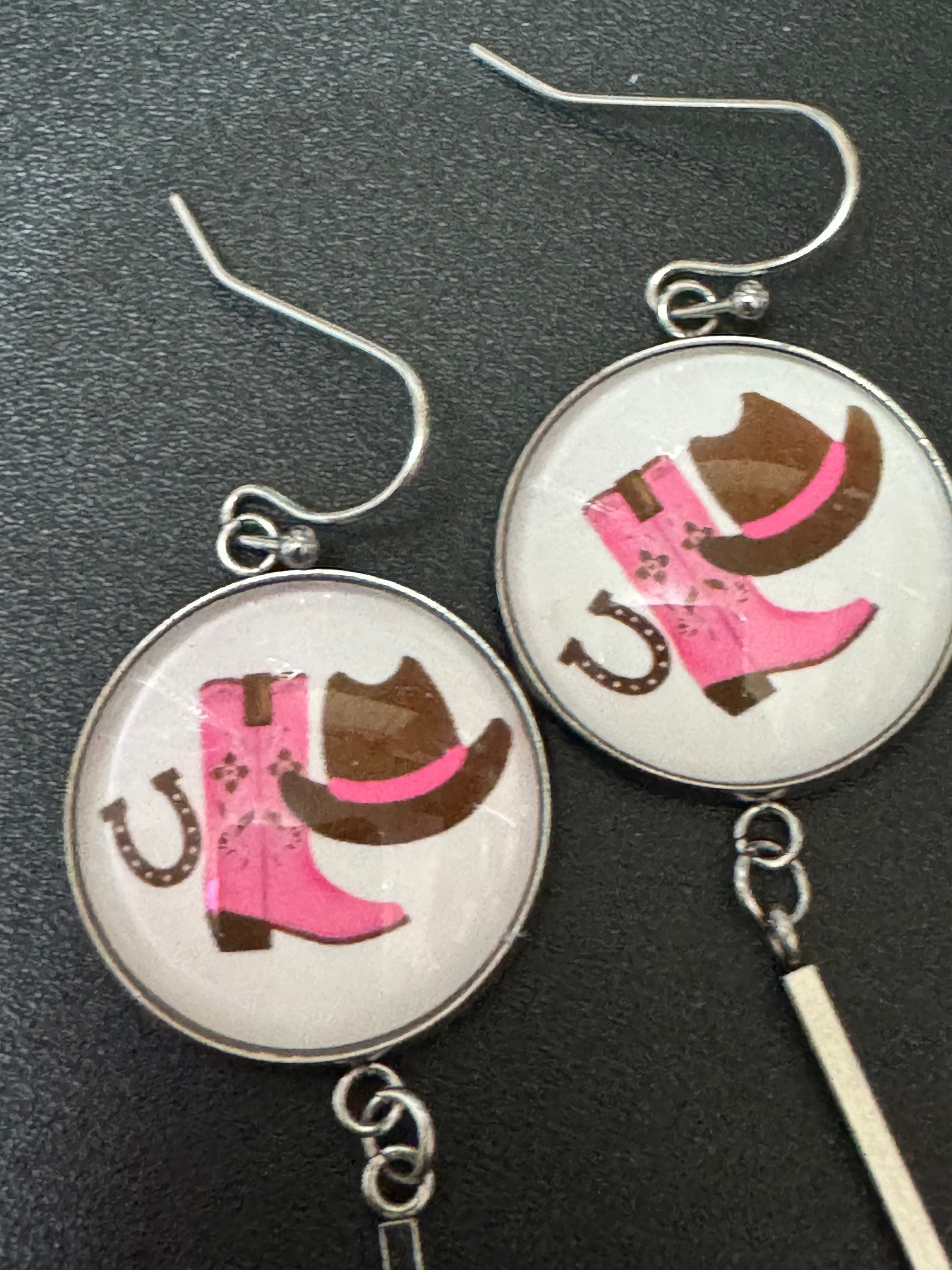Cowgirl Earrings: Pink Boots Hat, Stainless Steel swifty Earrings