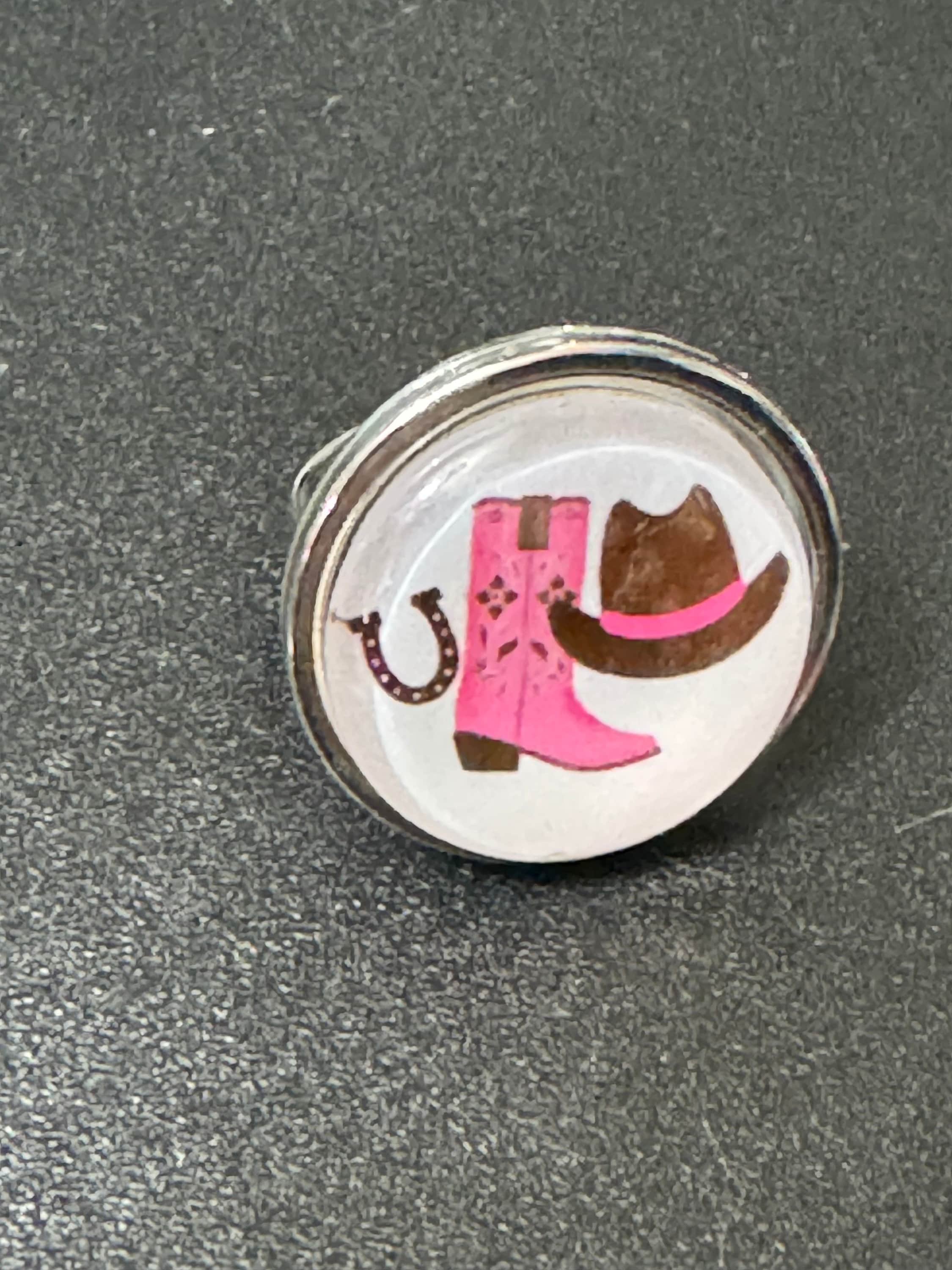 Pink Cowgirl ring Western 2.0  20mm glass cabochon cowboy boots hat adjustable dress ring stainless steel so no tarnish