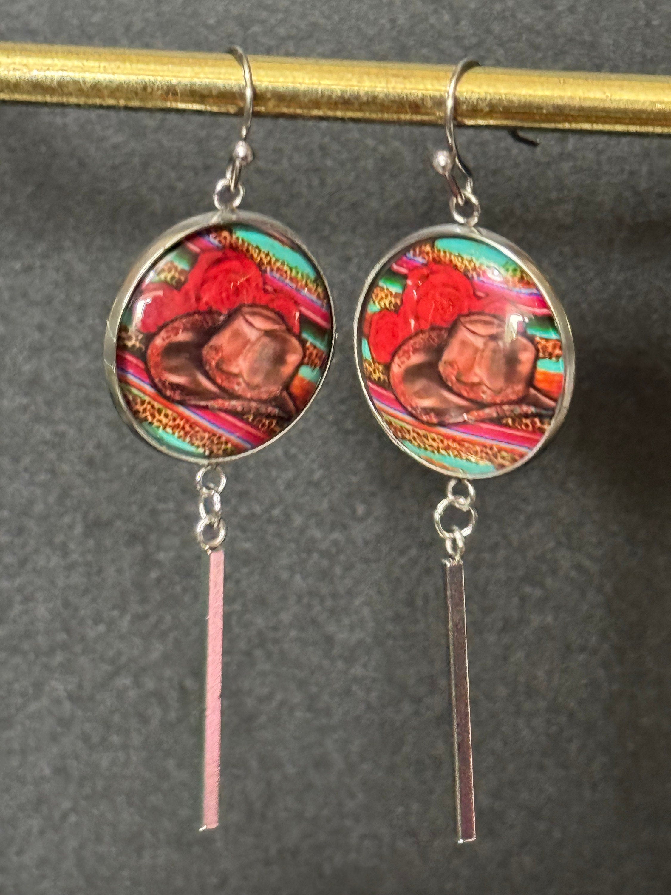 Brown Cowboy hat earrings South American Western 2.0 glass cabochon long dangly pierced earwires stainless steel so no tarnish