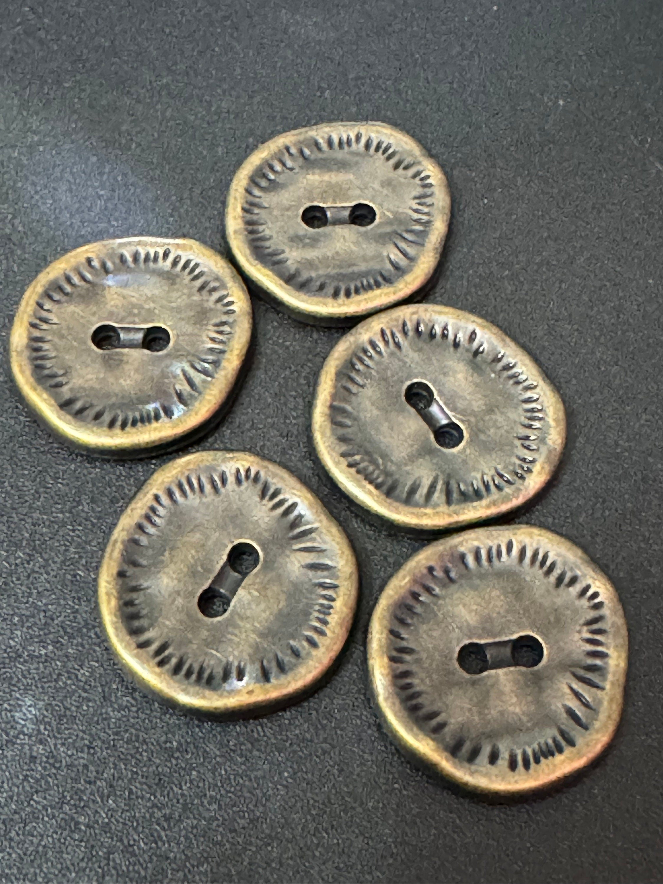 5 x 25mm antiqued bronze  tone round irregular textured coat buttons weighty