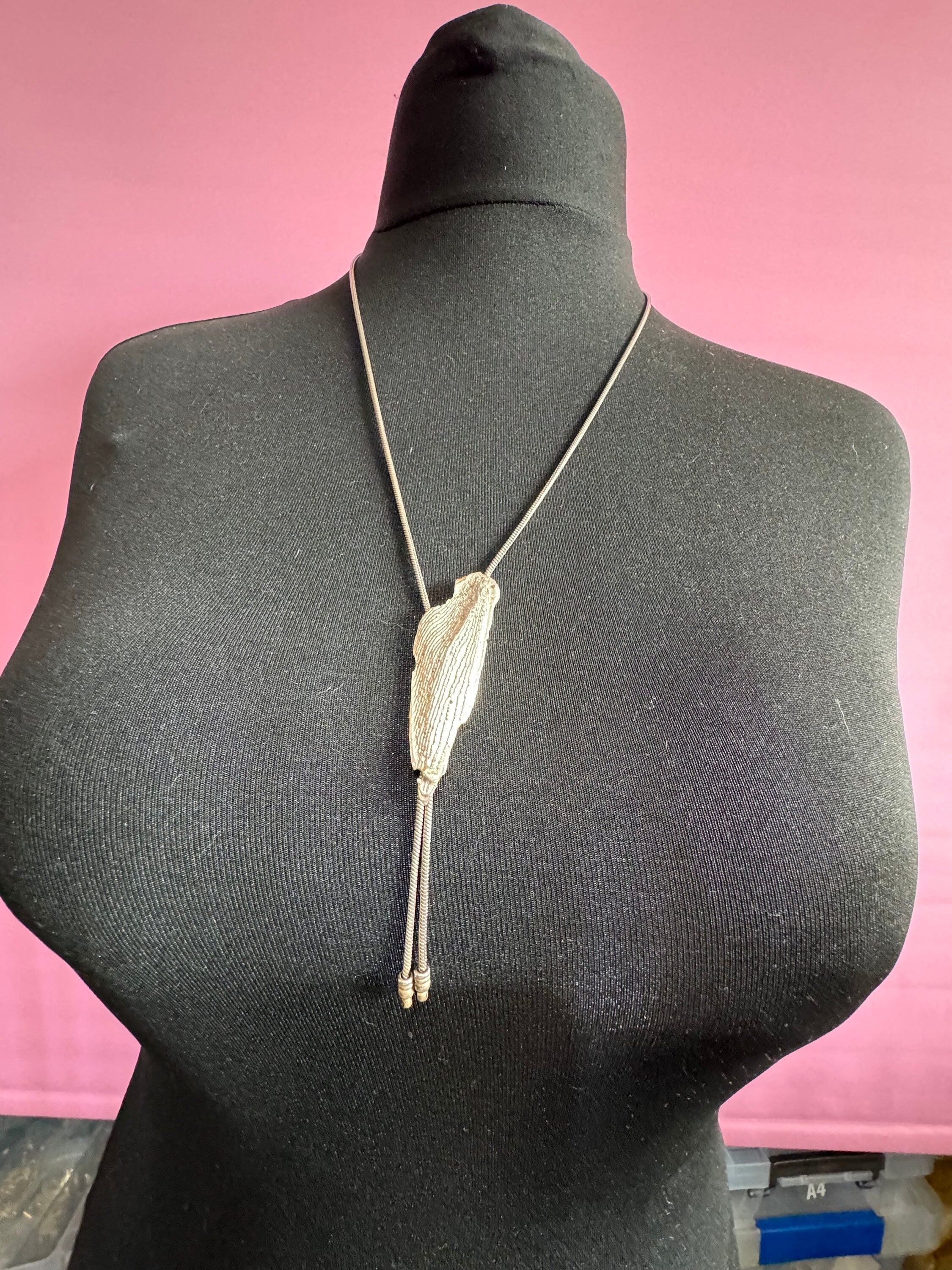Signed Charles Duret French designer vintage silver tone brutalist modernist long bolo pendant necklace from France