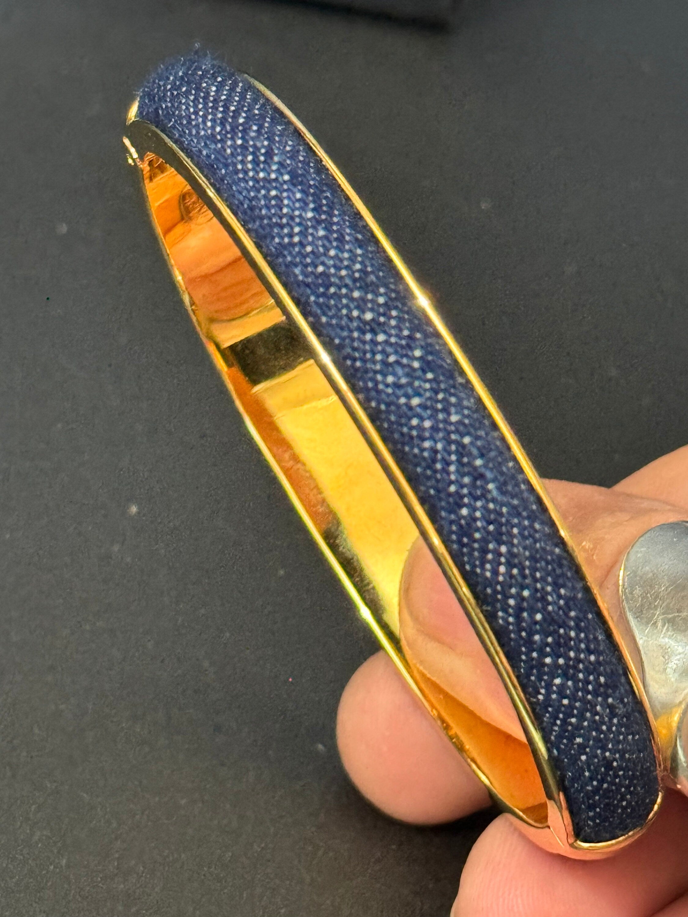Signed Joan rivers gold plated denim blue clamper bangle cuff bracelet boxed