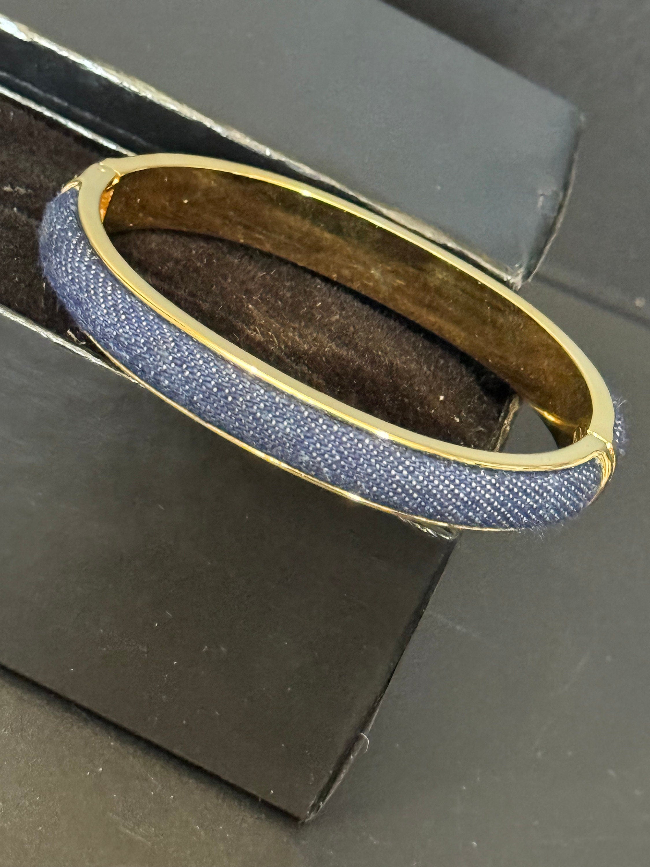 Signed Joan rivers gold plated denim blue clamper bangle cuff bracelet boxed