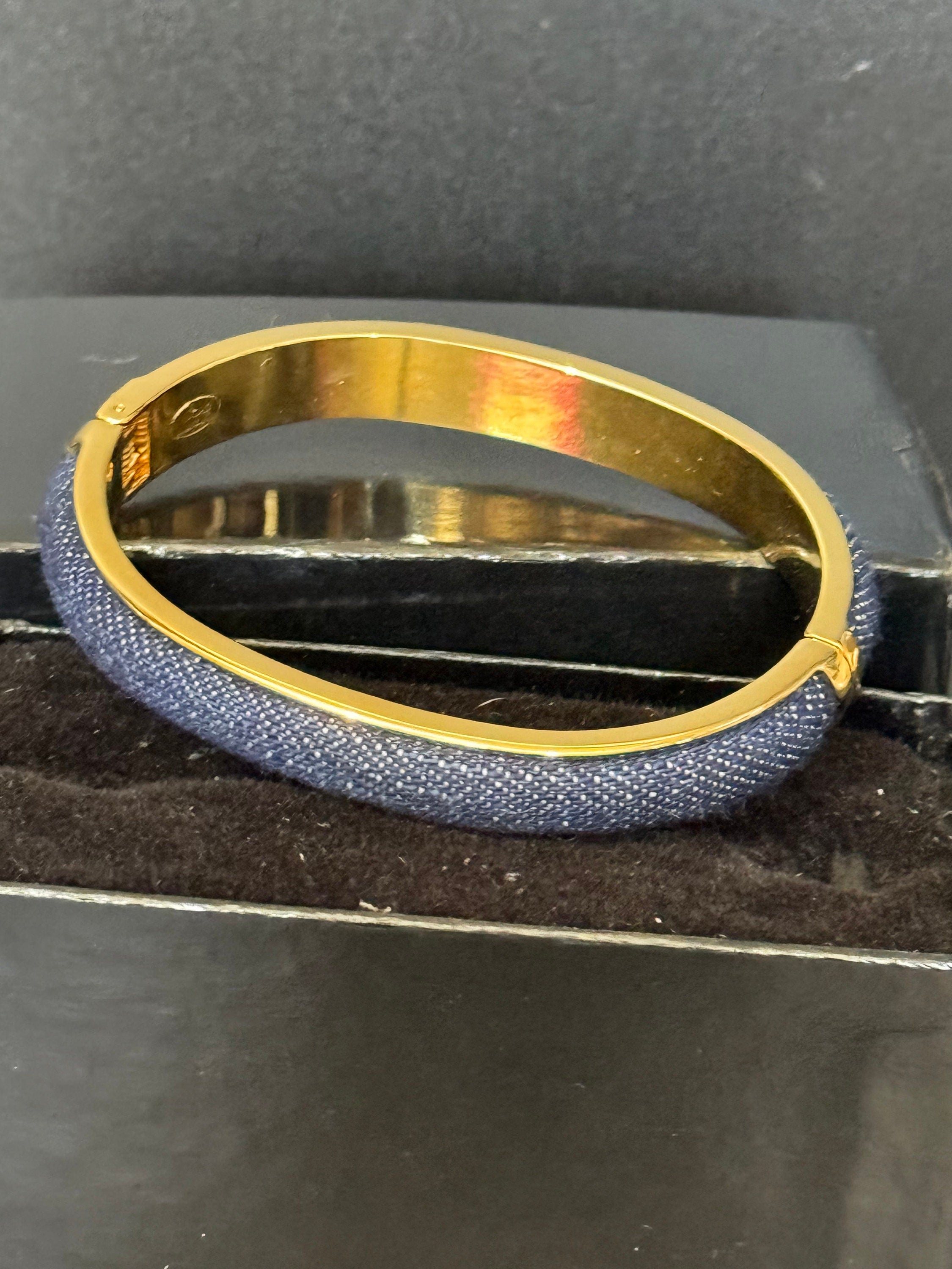Signed Joan rivers gold plated denim blue clamper bangle cuff bracelet boxed