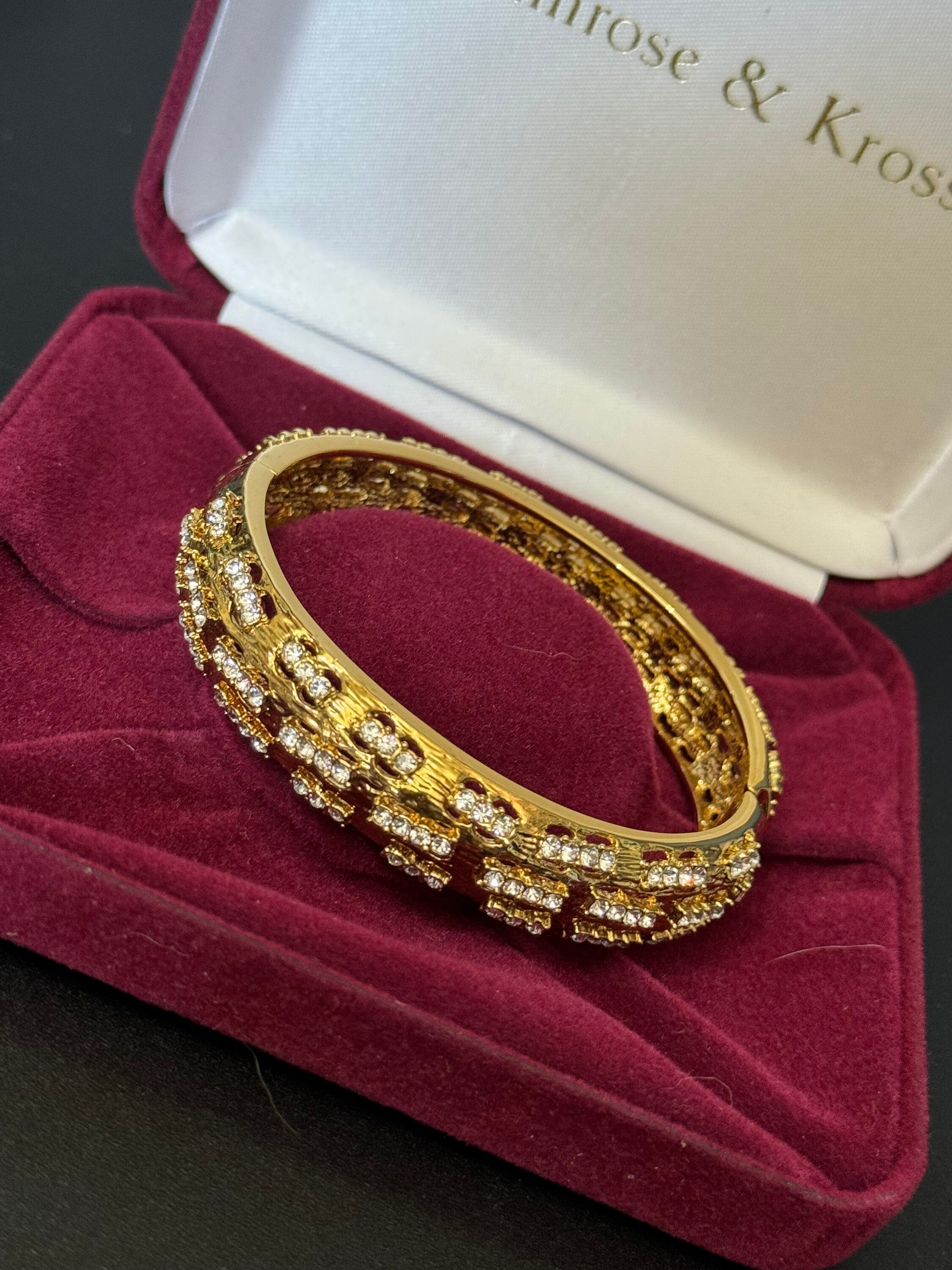 JBK Jaqueline Kennedy vintage gold tone clear diamanté Etruscan clamper bangle bracelet boxed