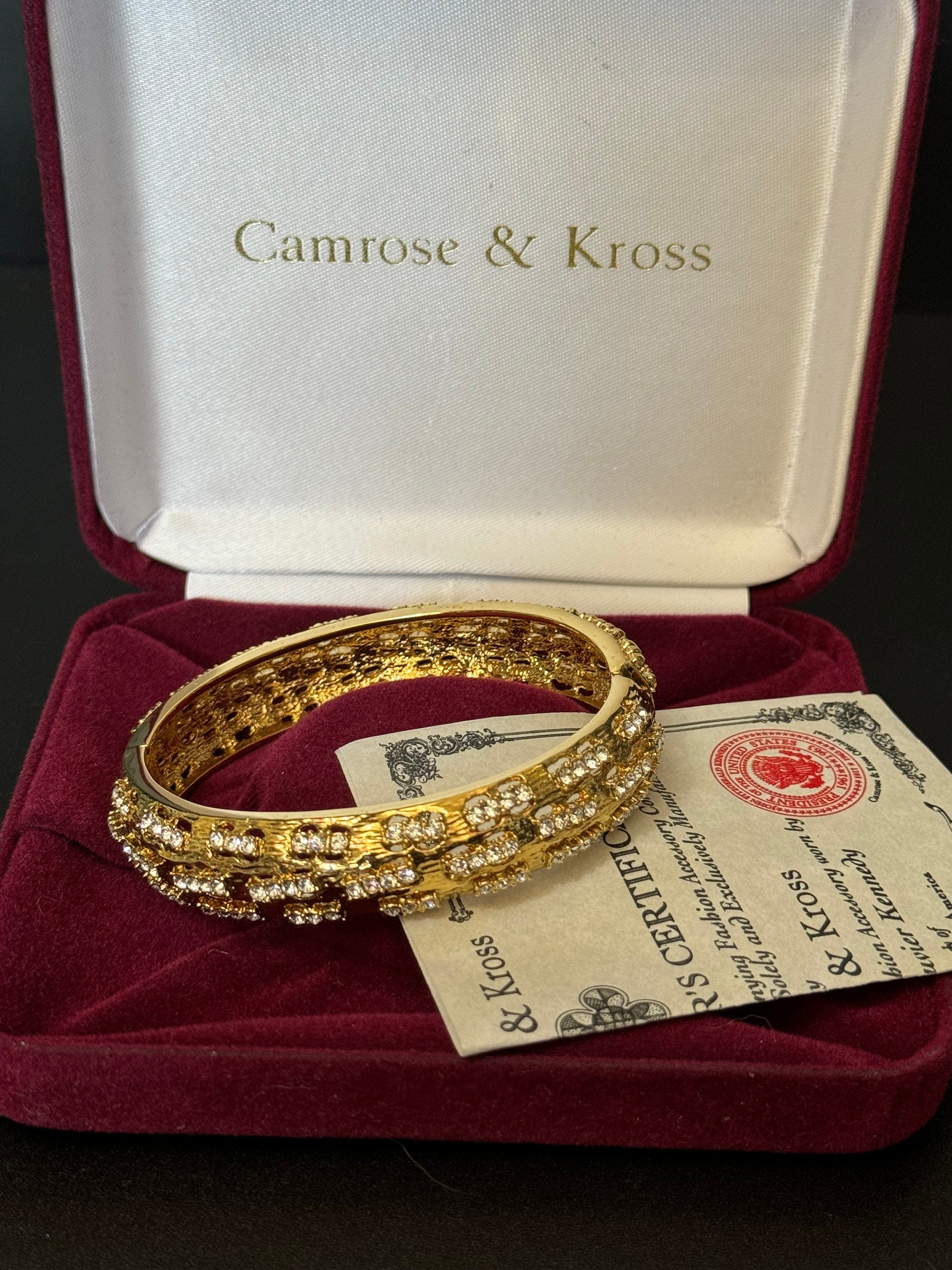 JBK Jaqueline Kennedy vintage gold tone clear diamanté Etruscan clamper bangle bracelet boxed