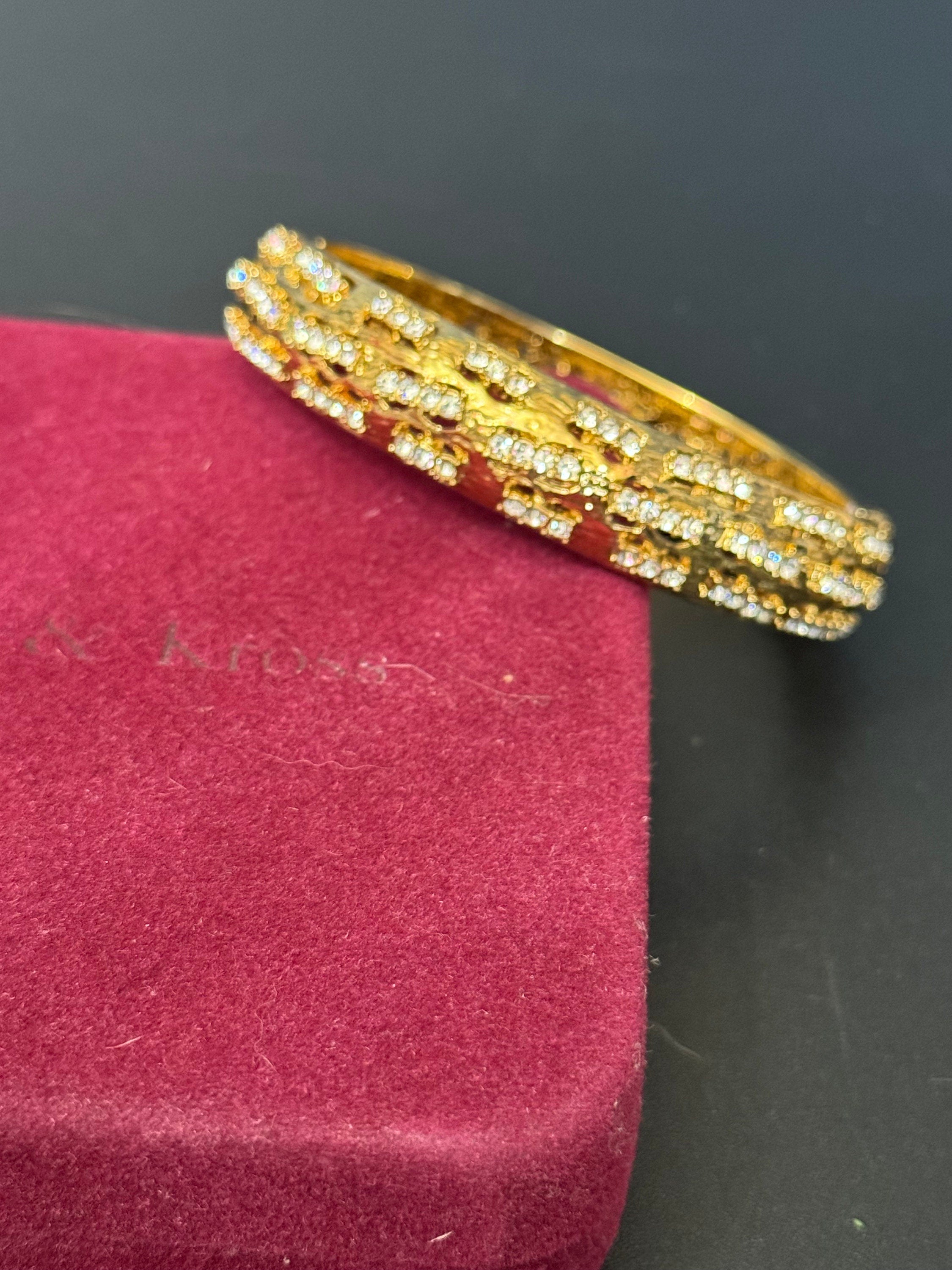 JBK Jaqueline Kennedy vintage gold tone clear diamanté Etruscan clamper bangle bracelet boxed