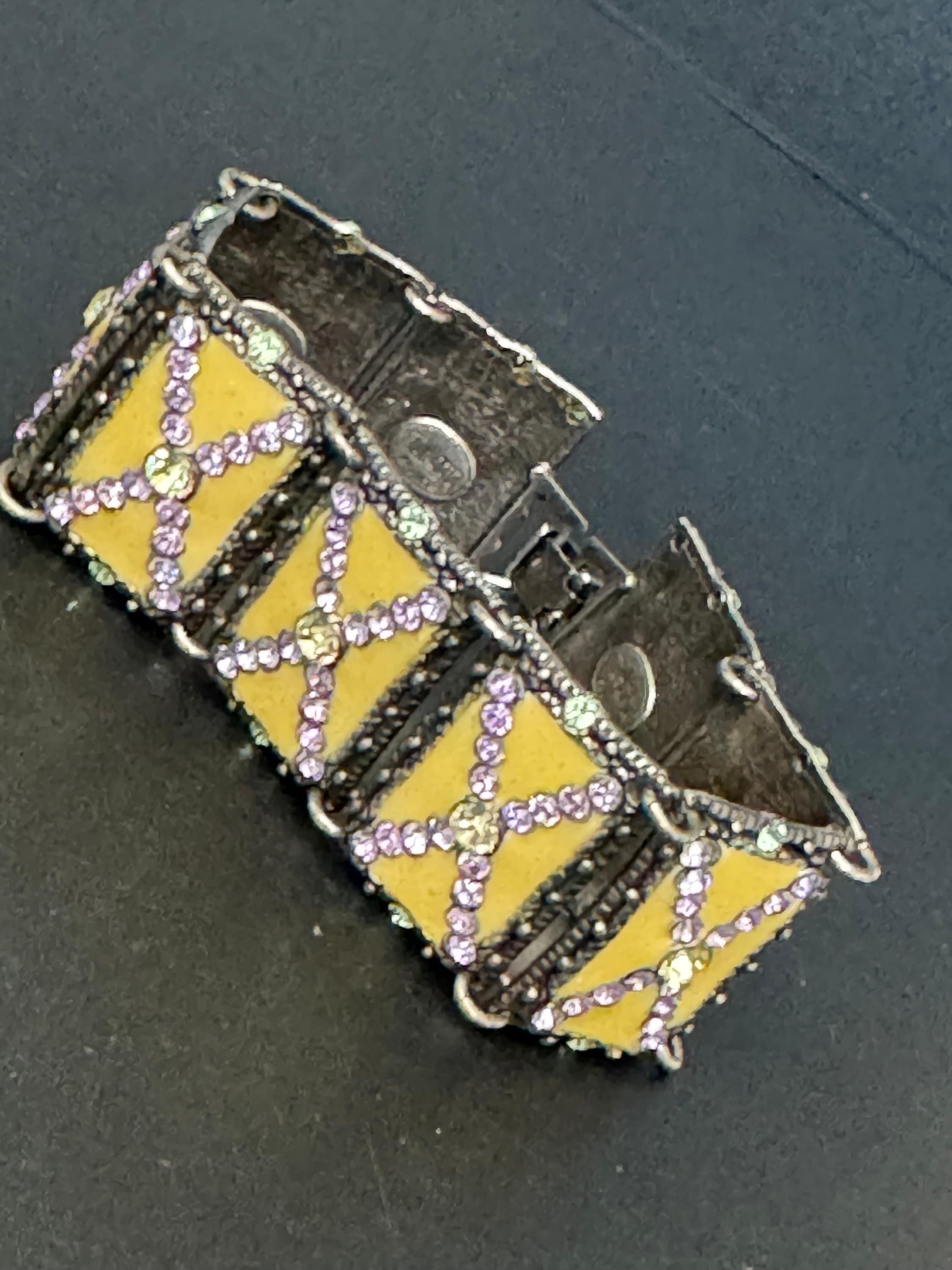 Vintage Taratata signed French designer Crystal panel link cream enamel wide cuff bracelet