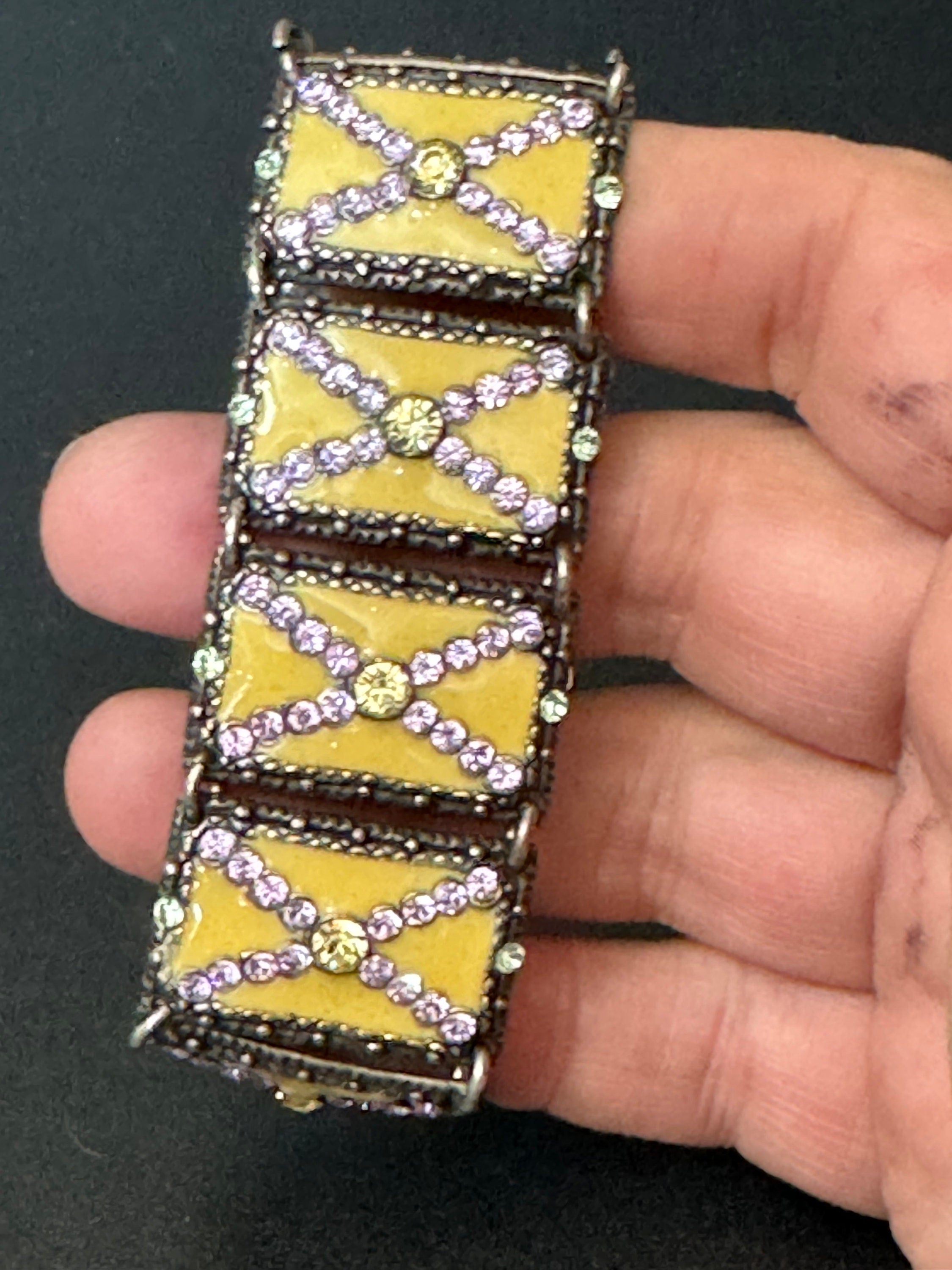 Vintage Taratata signed French designer Crystal panel link cream enamel wide cuff bracelet