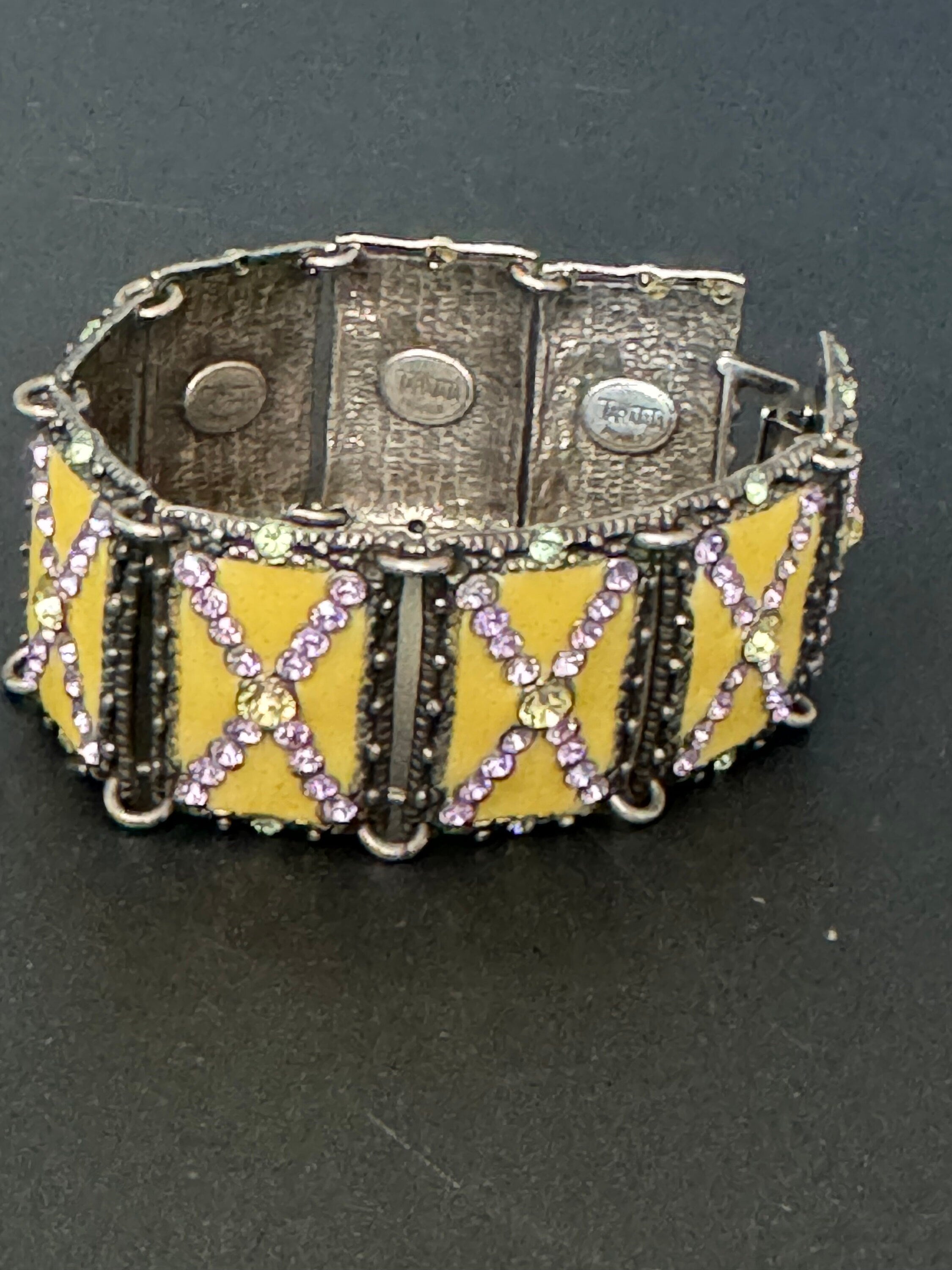 Vintage Taratata signed French designer Crystal panel link cream enamel wide cuff bracelet