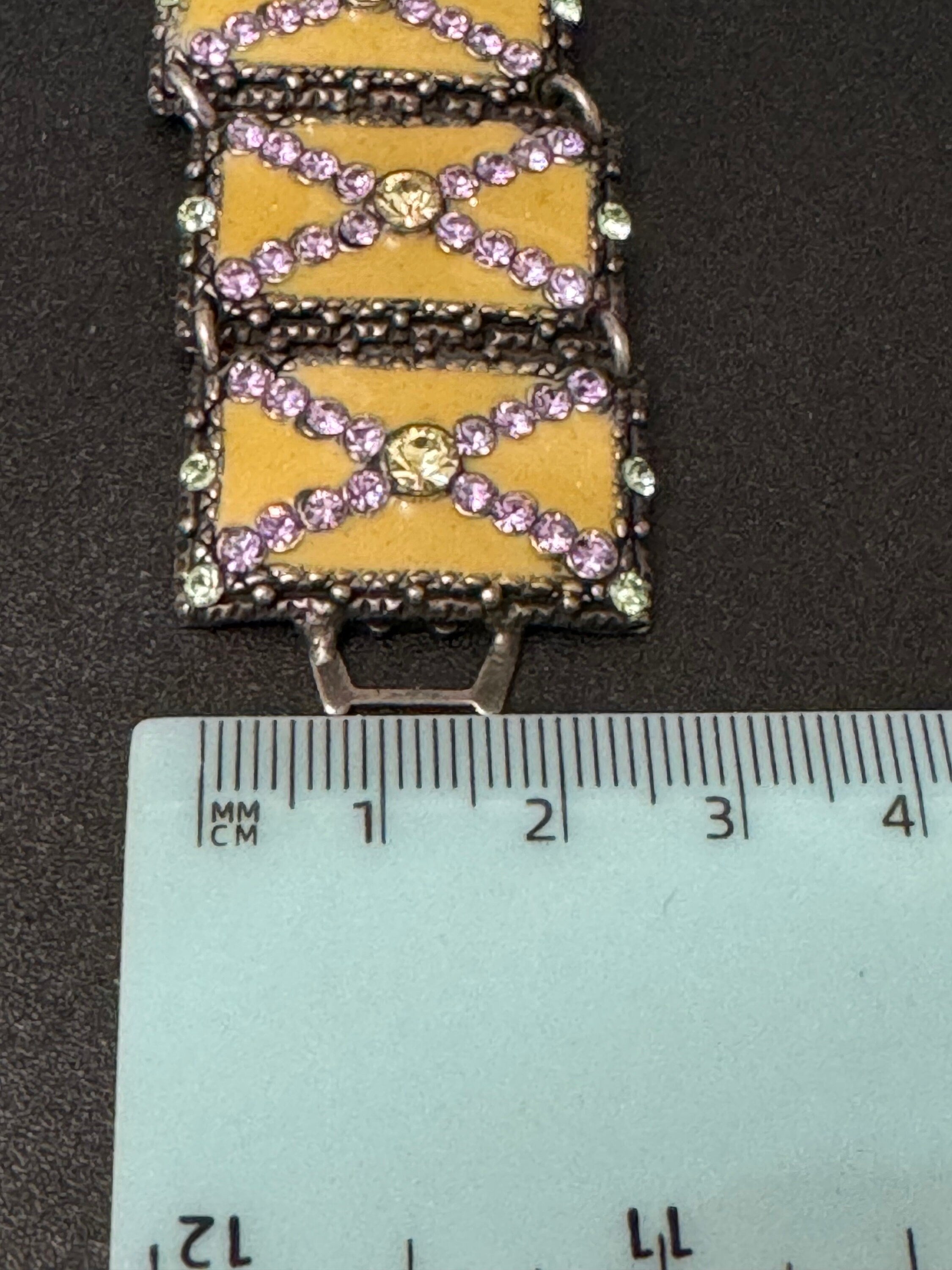 Vintage Taratata signed French designer Crystal panel link cream enamel wide cuff bracelet