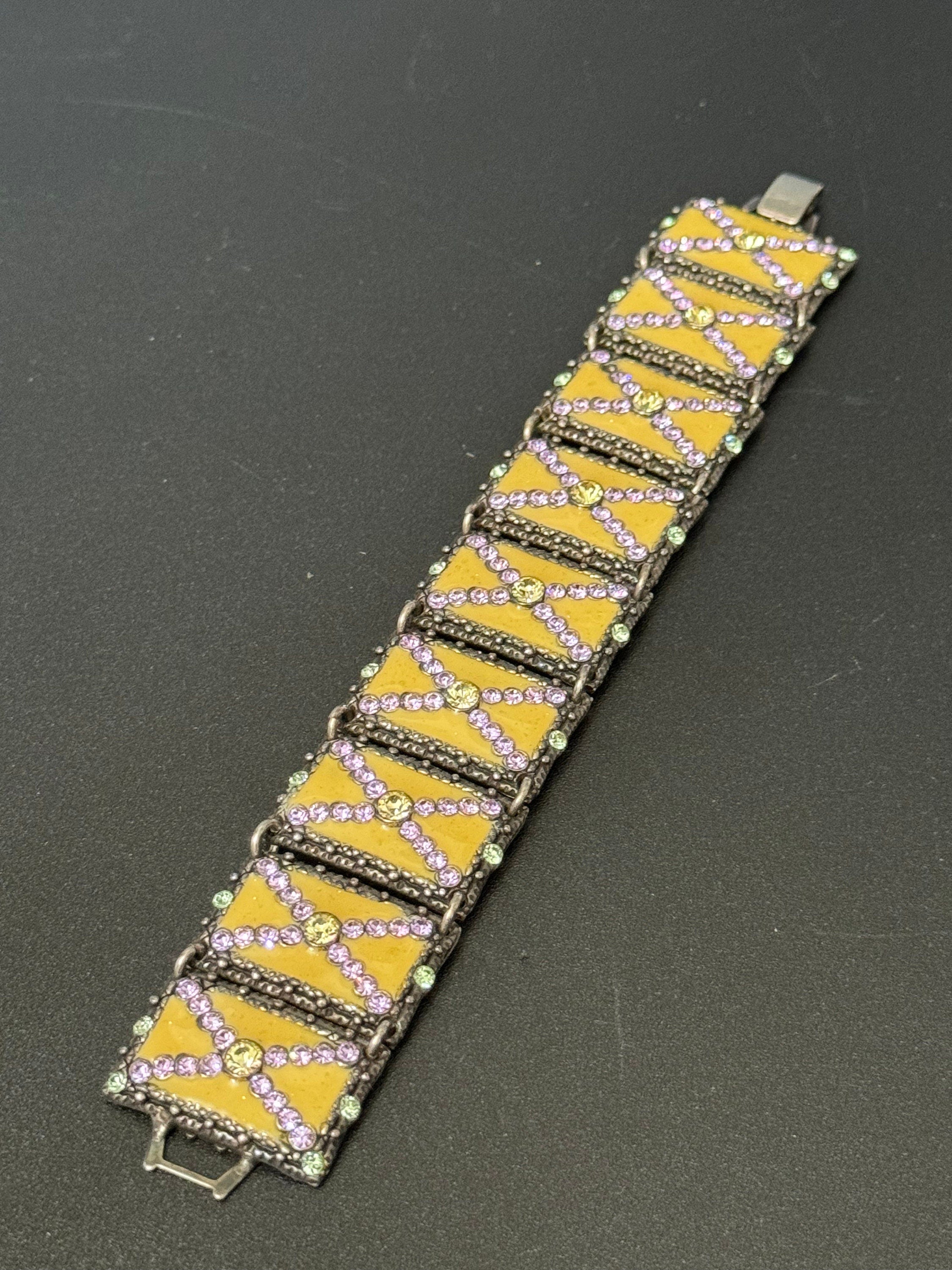 Vintage Taratata signed French designer Crystal panel link cream enamel wide cuff bracelet