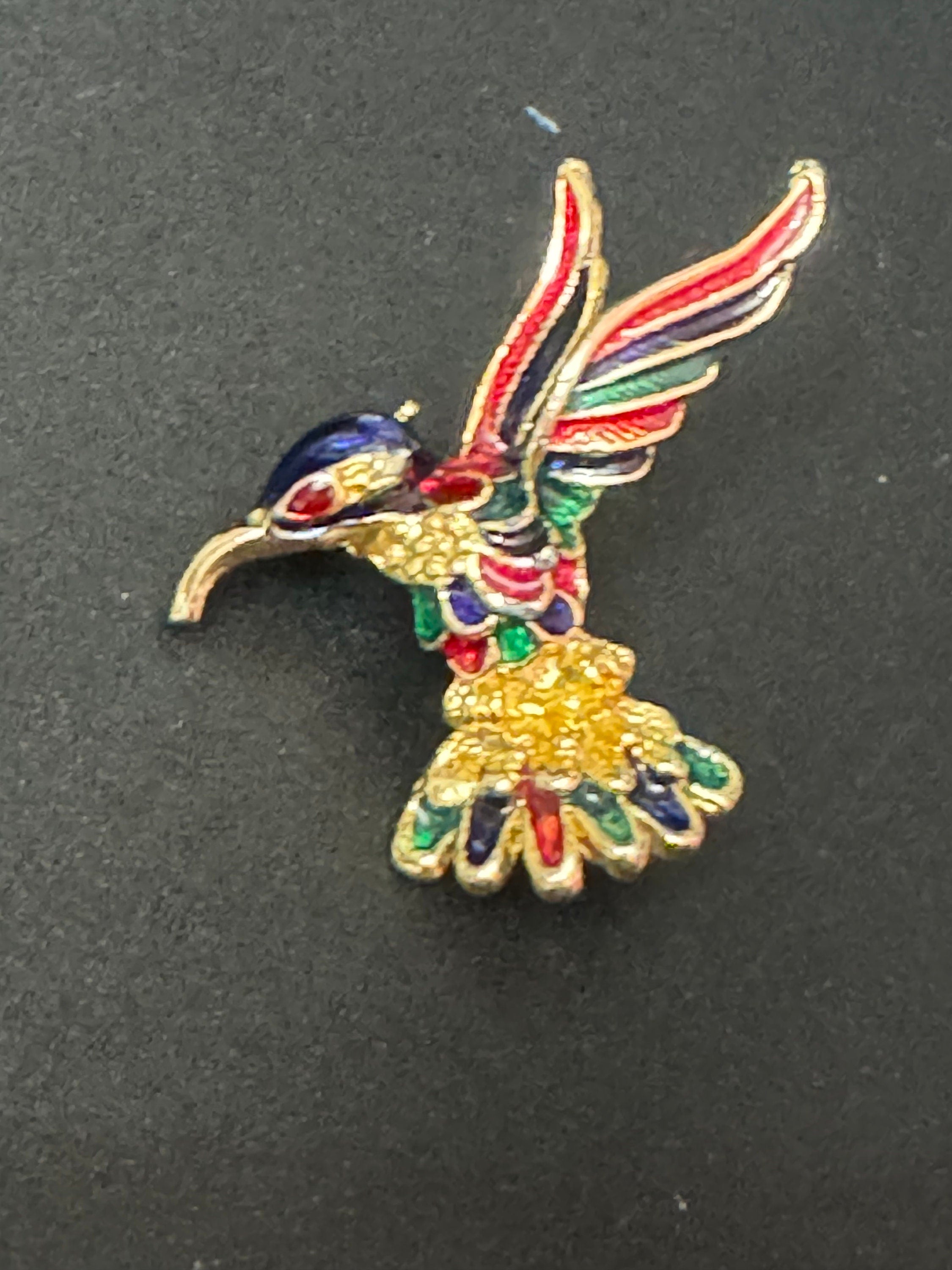 Vintage gold tone blue green enamel Hummingbird kingfisher bird brooch