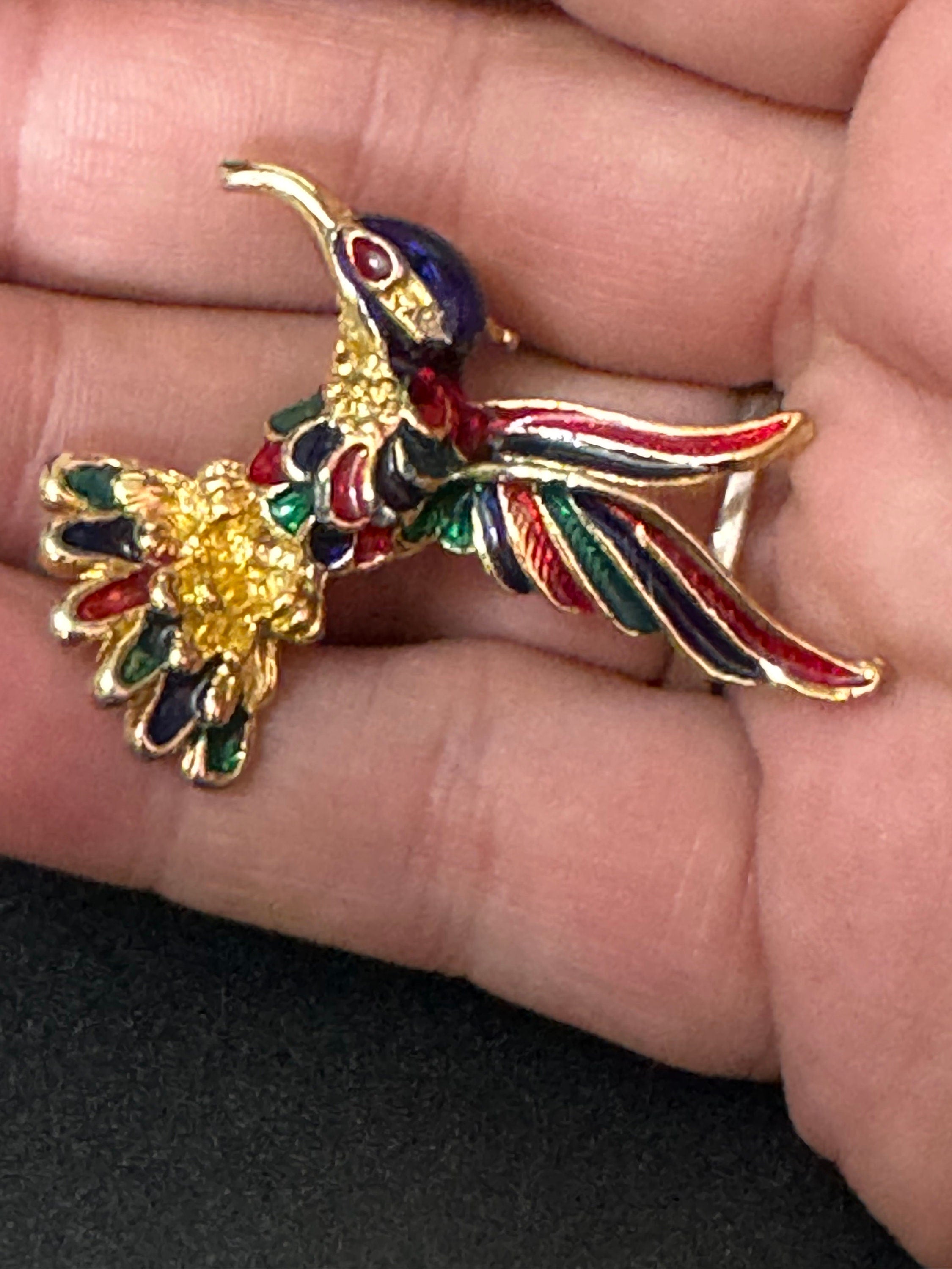 Vintage gold tone blue green enamel Hummingbird kingfisher bird brooch