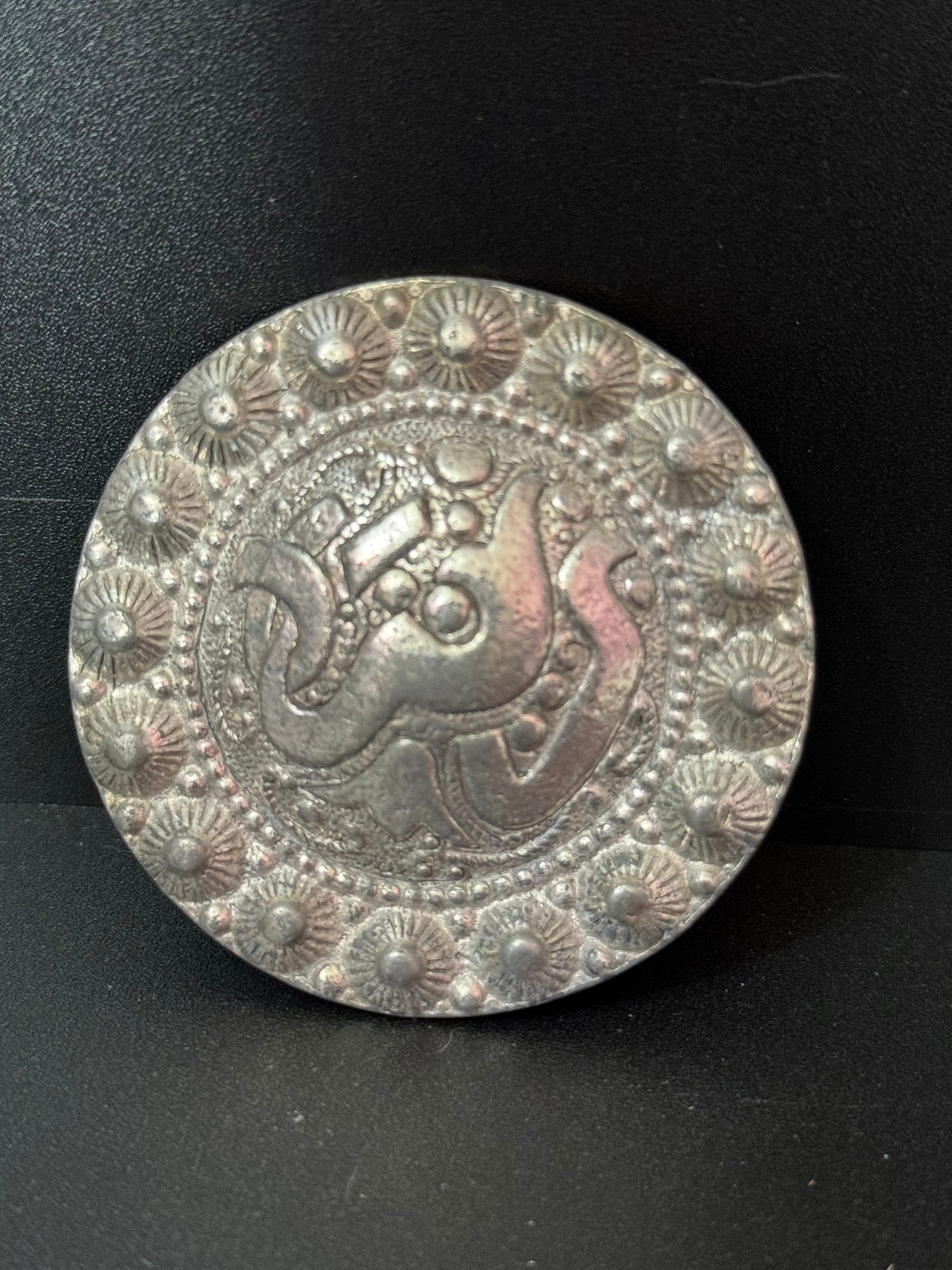 Large Vintage Silver tone Metal Arabic shield Brooch with raised cannetille design