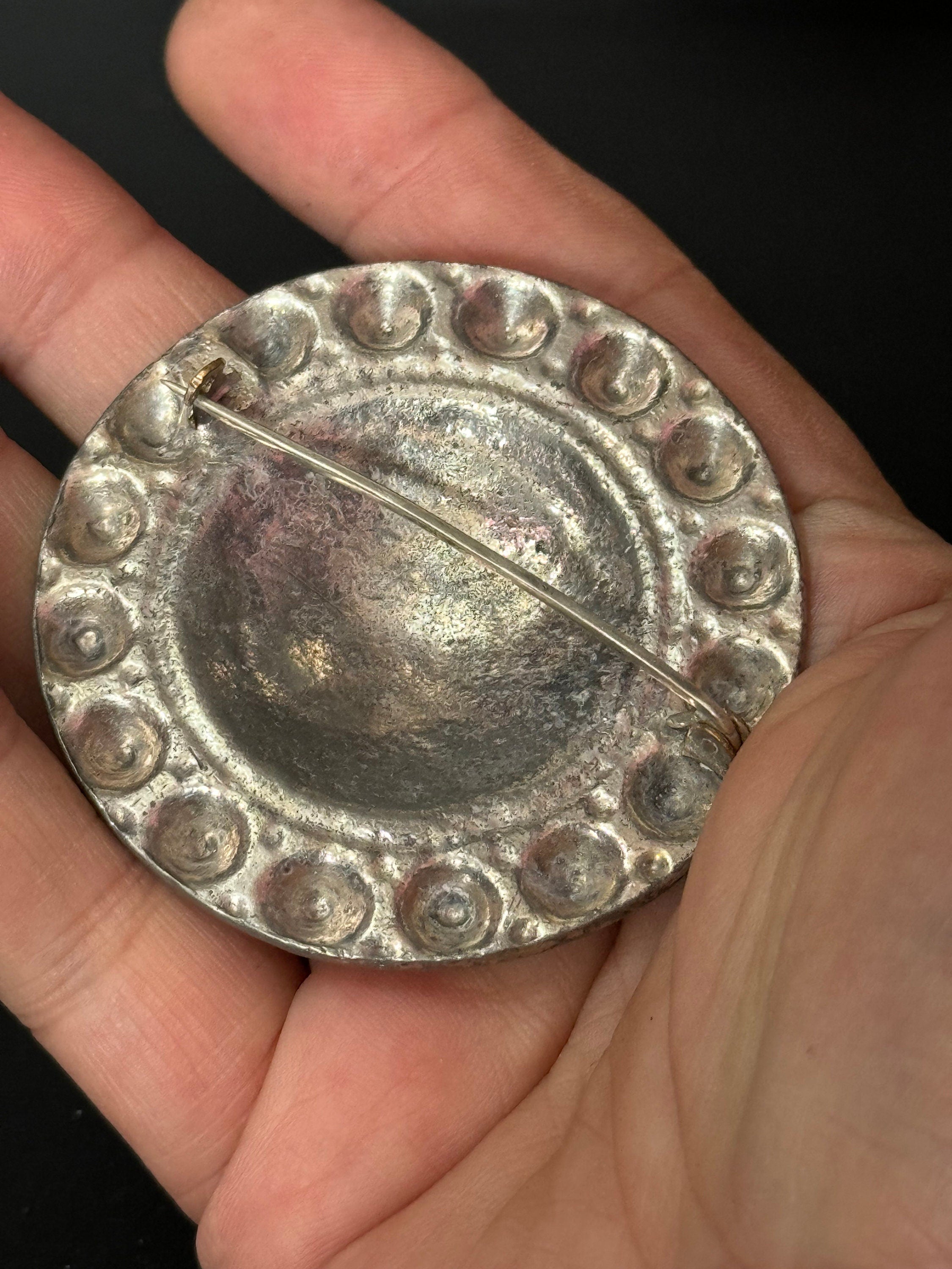Large Vintage Silver tone Metal Arabic shield Brooch with raised cannetille design