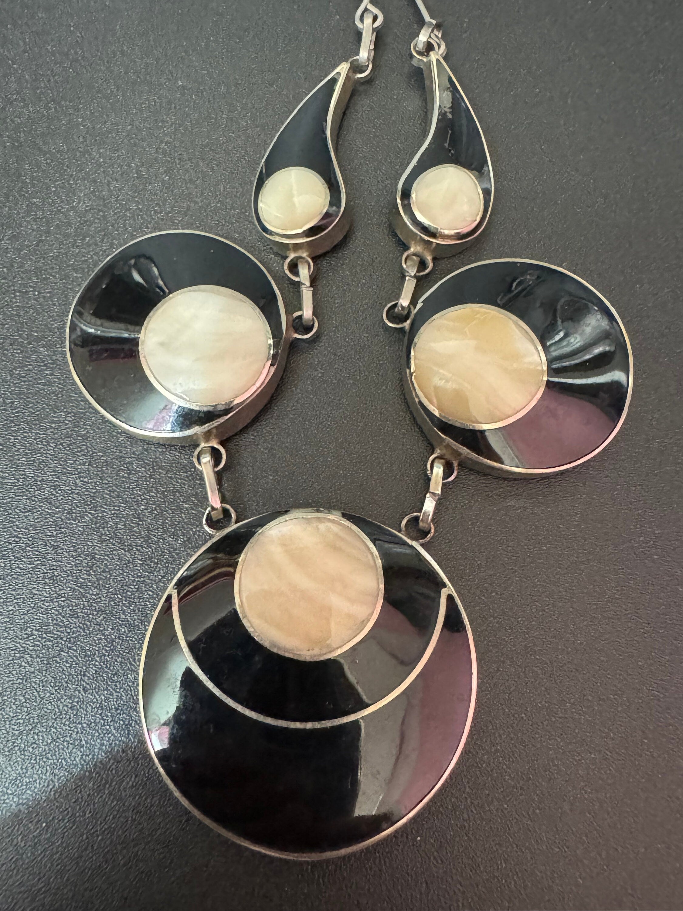 Ornate Silver Necklace: Black Enamel, Mother of Pearl, Modernist Design