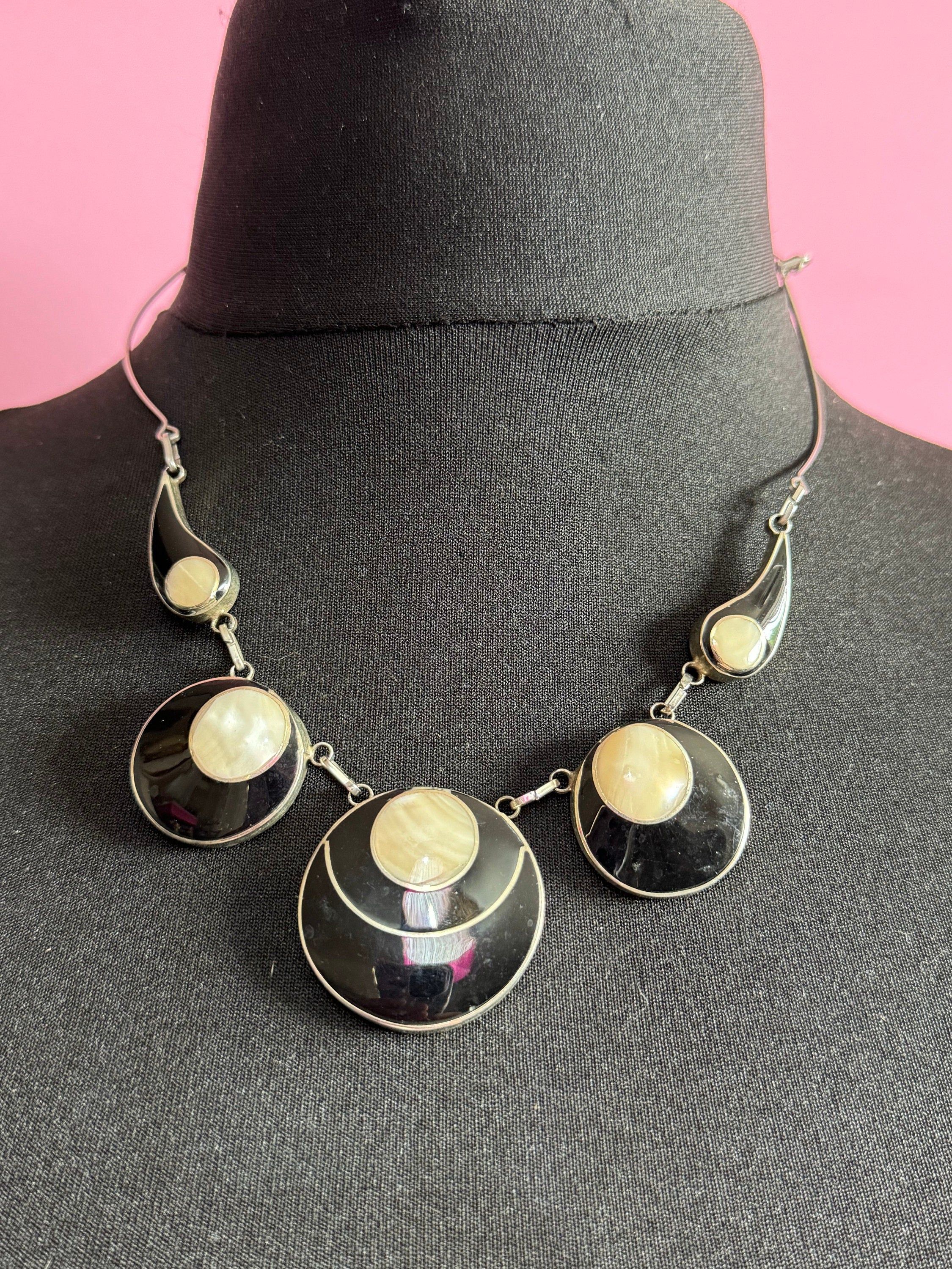Ornate Silver Necklace: Black Enamel, Mother of Pearl, Modernist Design
