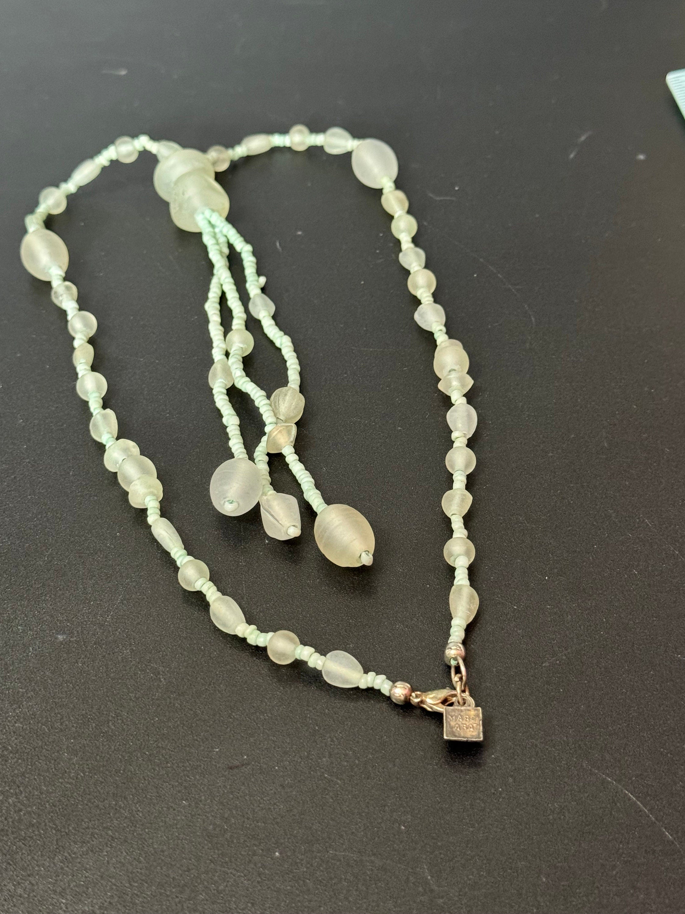 Signed MARC LABAT designer sea green opaque glass beaded tassel necklace 55cm