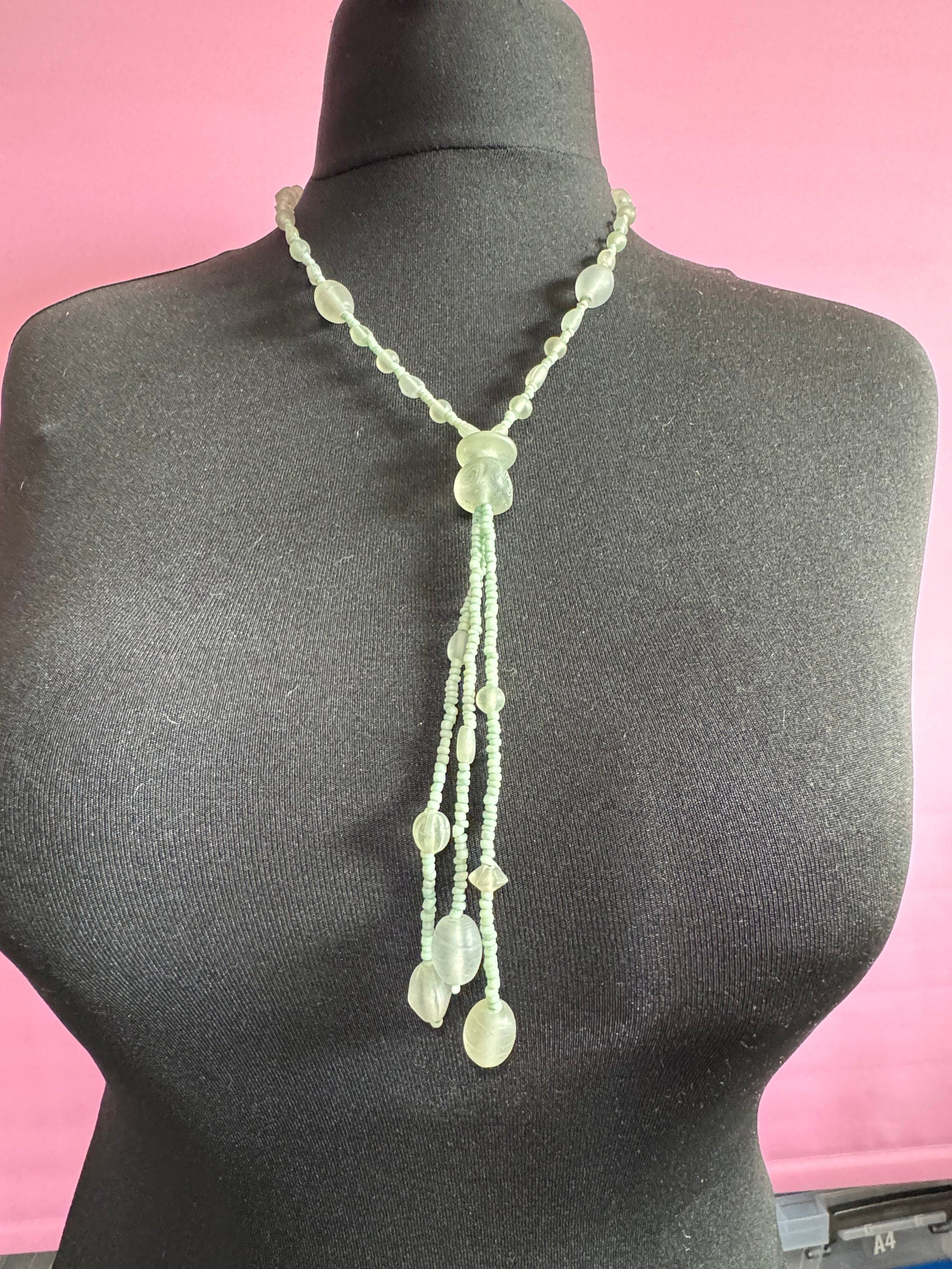 Signed MARC LABAT designer sea green opaque glass beaded tassel necklace 55cm