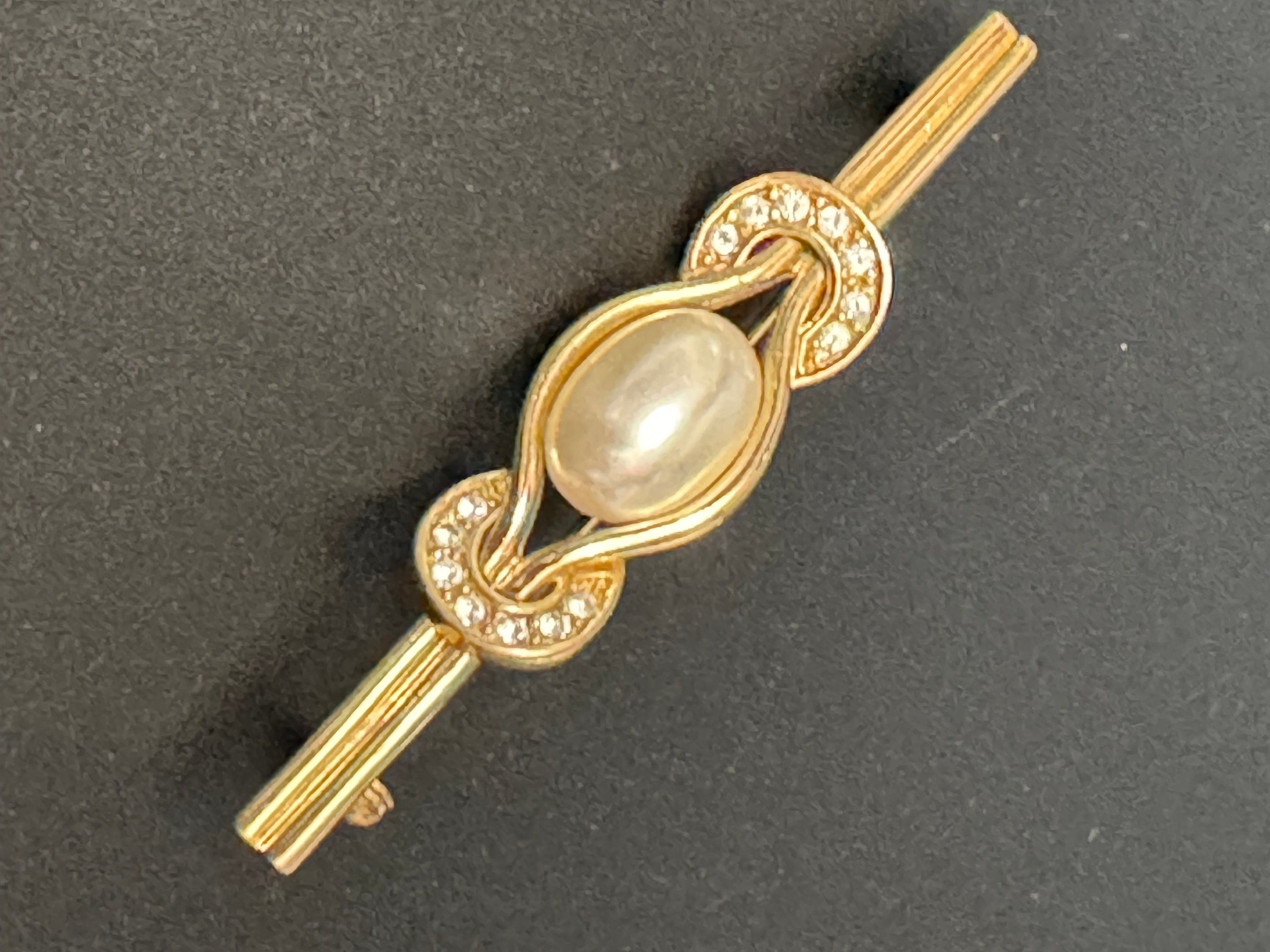 Signed BJ vintage retro gold tone bar brooch with faux pearls modernist minimalist jewellery