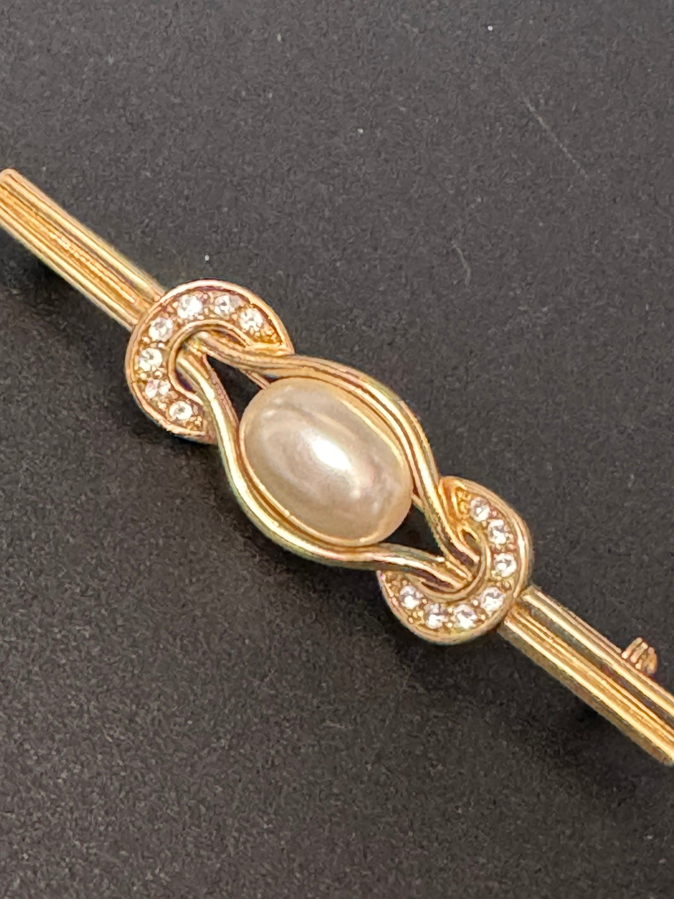 Signed BJ vintage retro gold tone bar brooch with faux pearls modernist minimalist jewellery