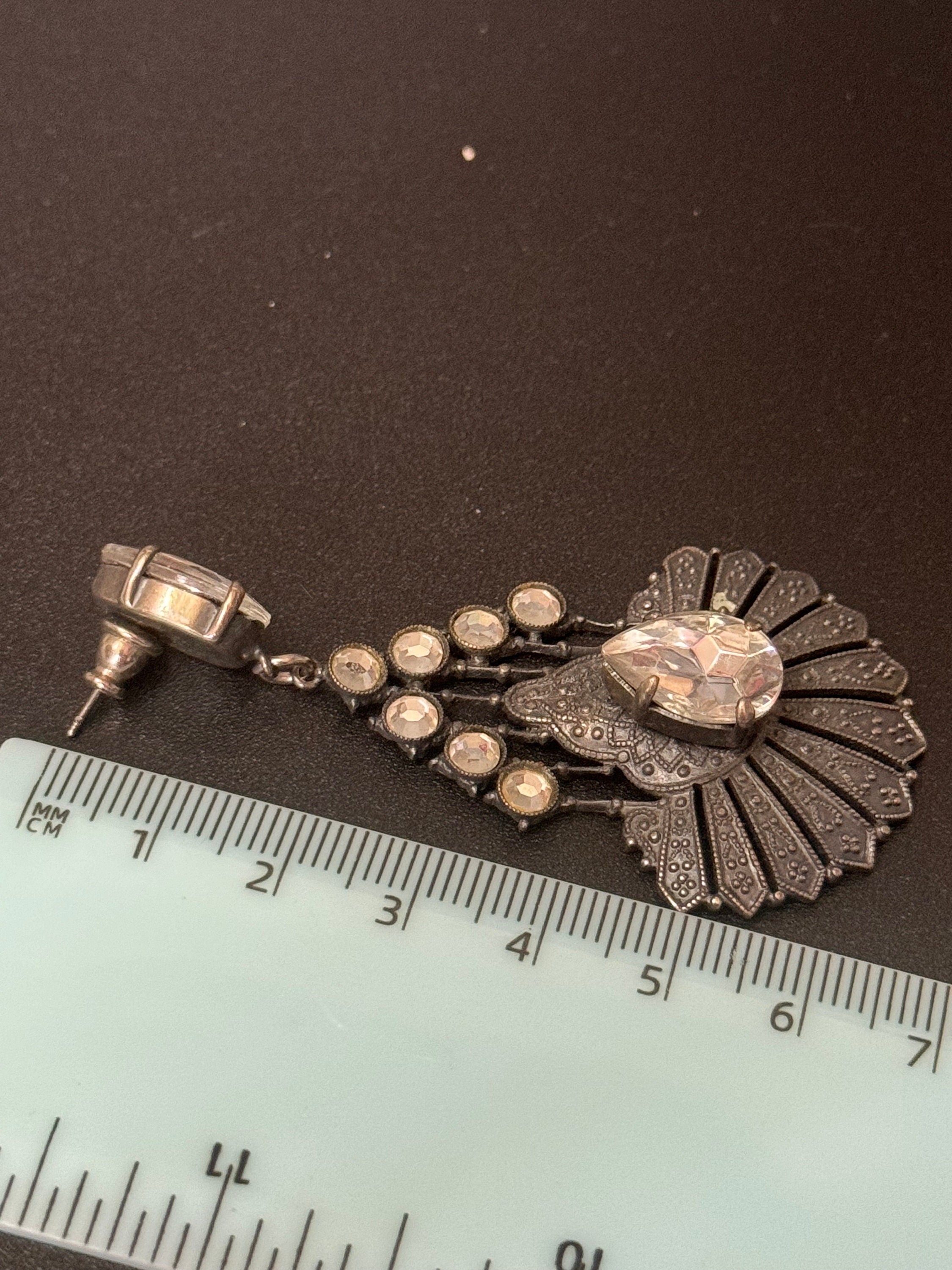 Ermani Bulatti Diamanté Drop Earrings: Antiqued Silver Tone Modernist Design