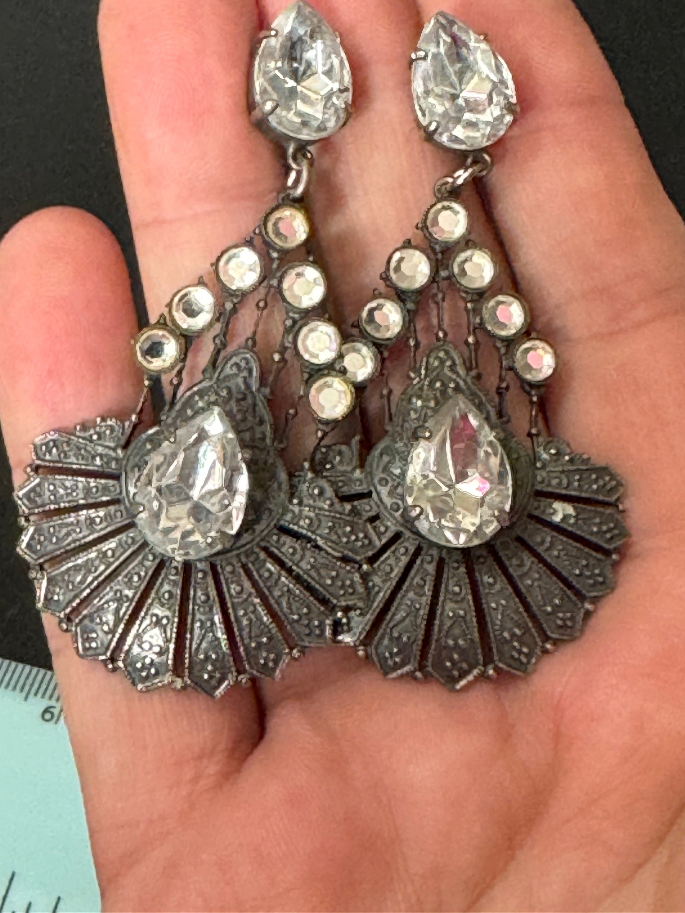 Ermani Bulatti Diamanté Drop Earrings: Antiqued Silver Tone Modernist Design