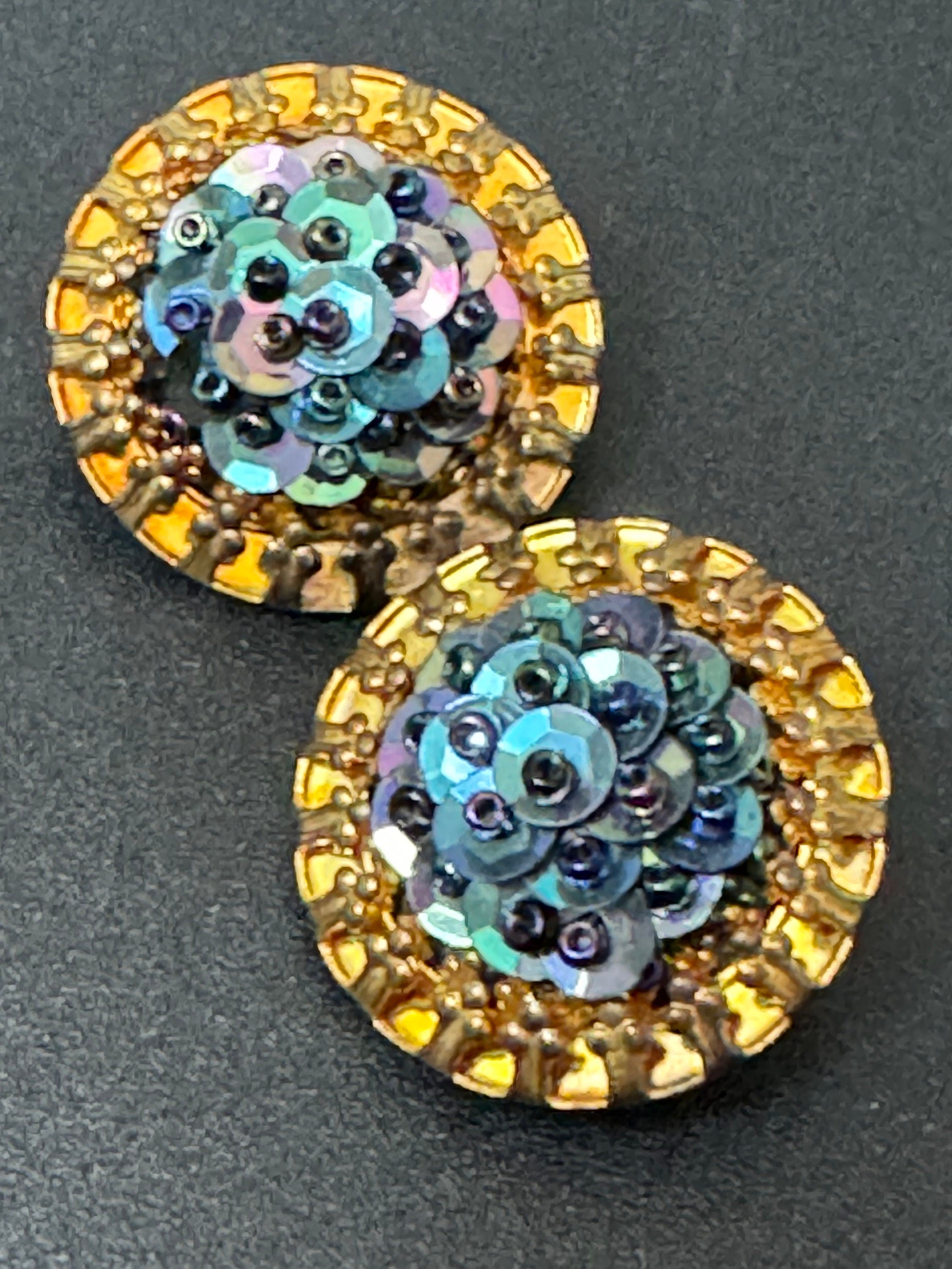 Vintage dark petrol blue sequin and bead floral flower gold tone Clip On Earrings