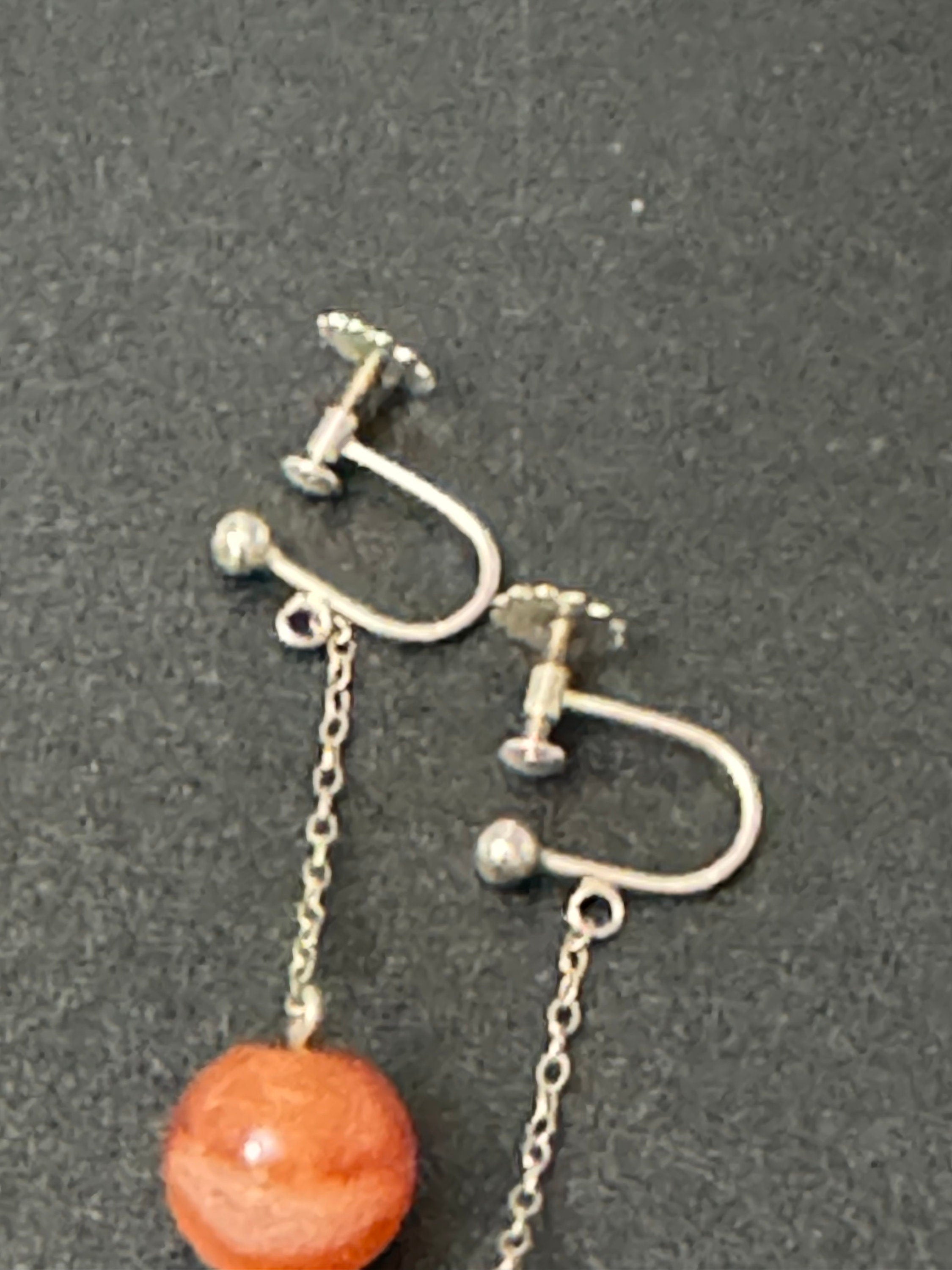 Vintage Art Deco 925 sterling silver carnelian bead ball Screw Back Clip on dangle chain Earrings 1920s 1930s 1940s
