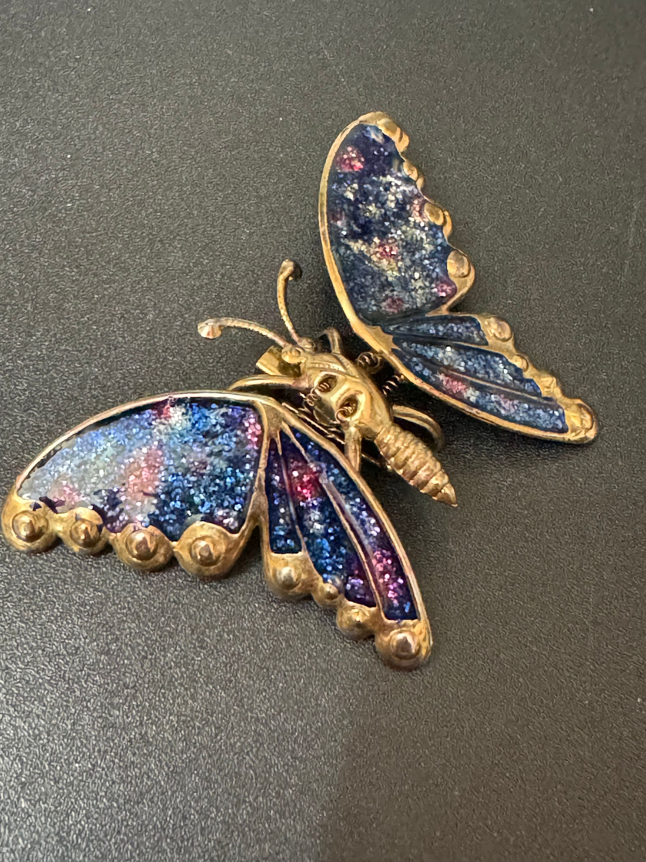 Vintage large gold tone brass blue pink  enamel butterfly brooch pin
