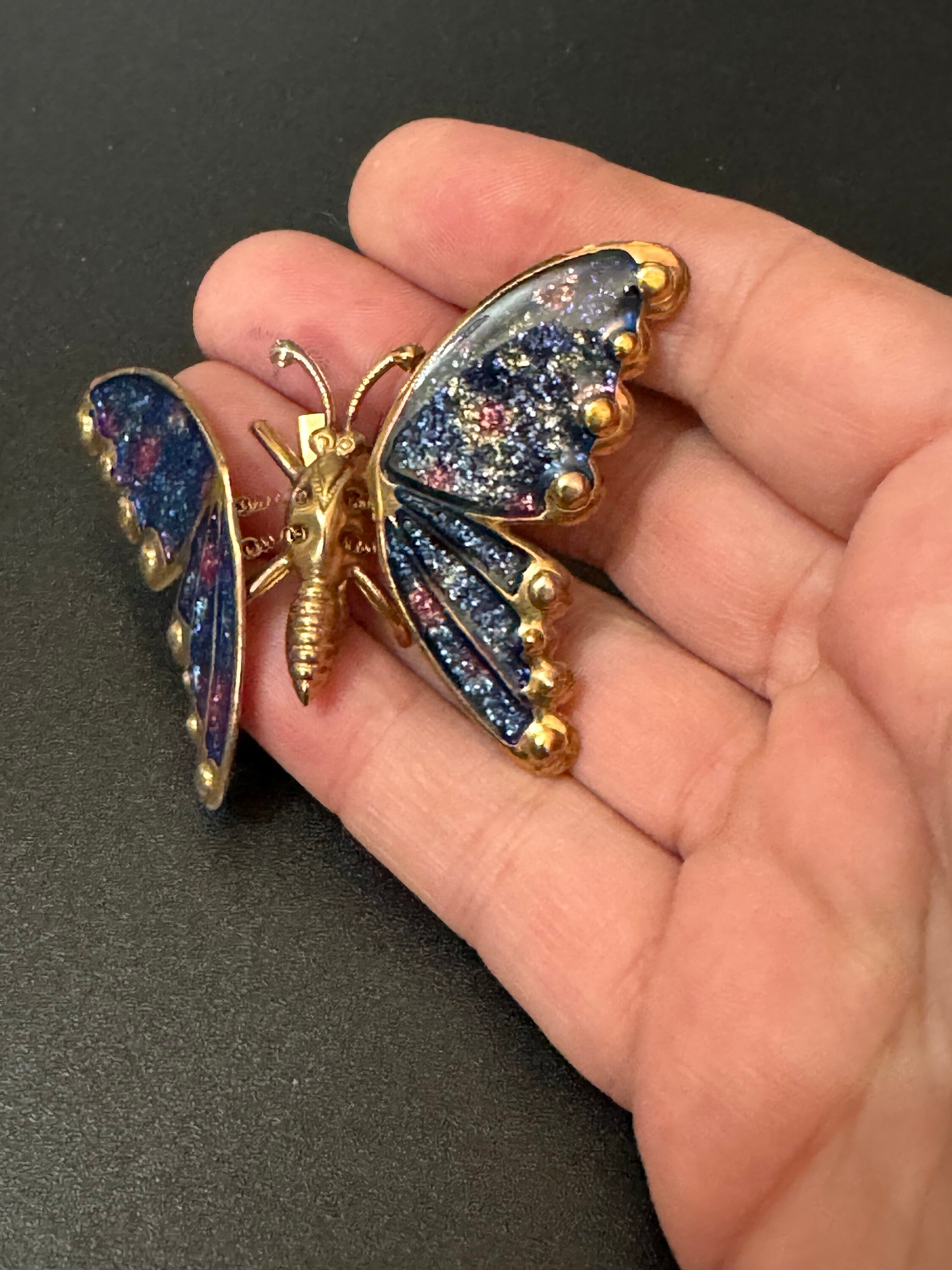 Vintage large gold tone brass blue pink  enamel butterfly brooch pin
