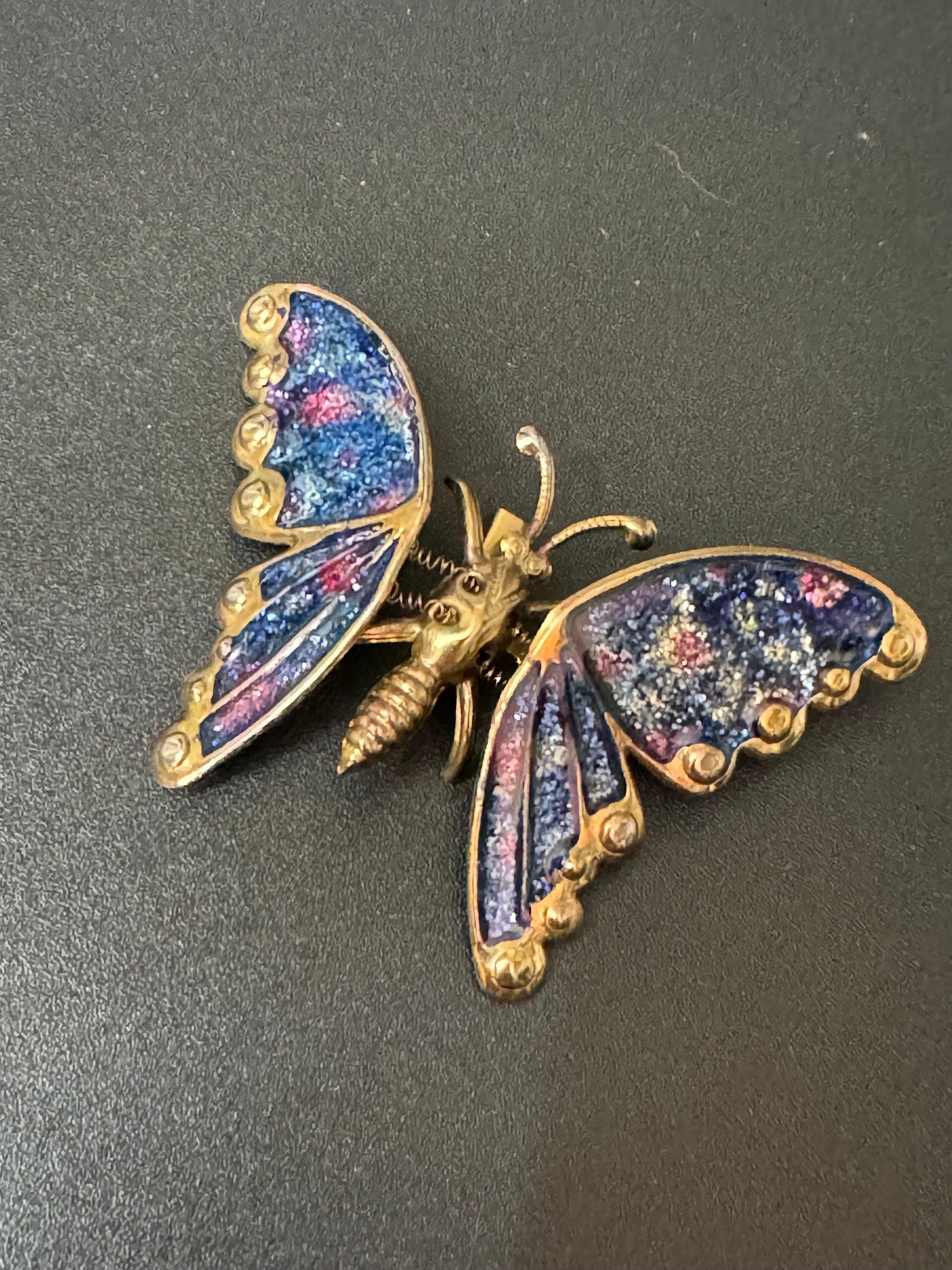 Vintage large gold tone brass blue pink  enamel butterfly brooch pin