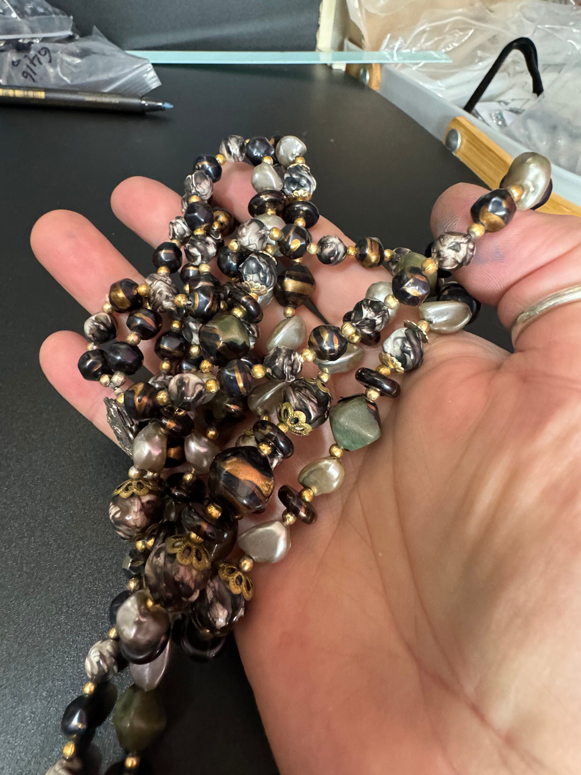 Vintage Faux Pearl Choker: Black & Grey Plastic Triple Strand Necklace
