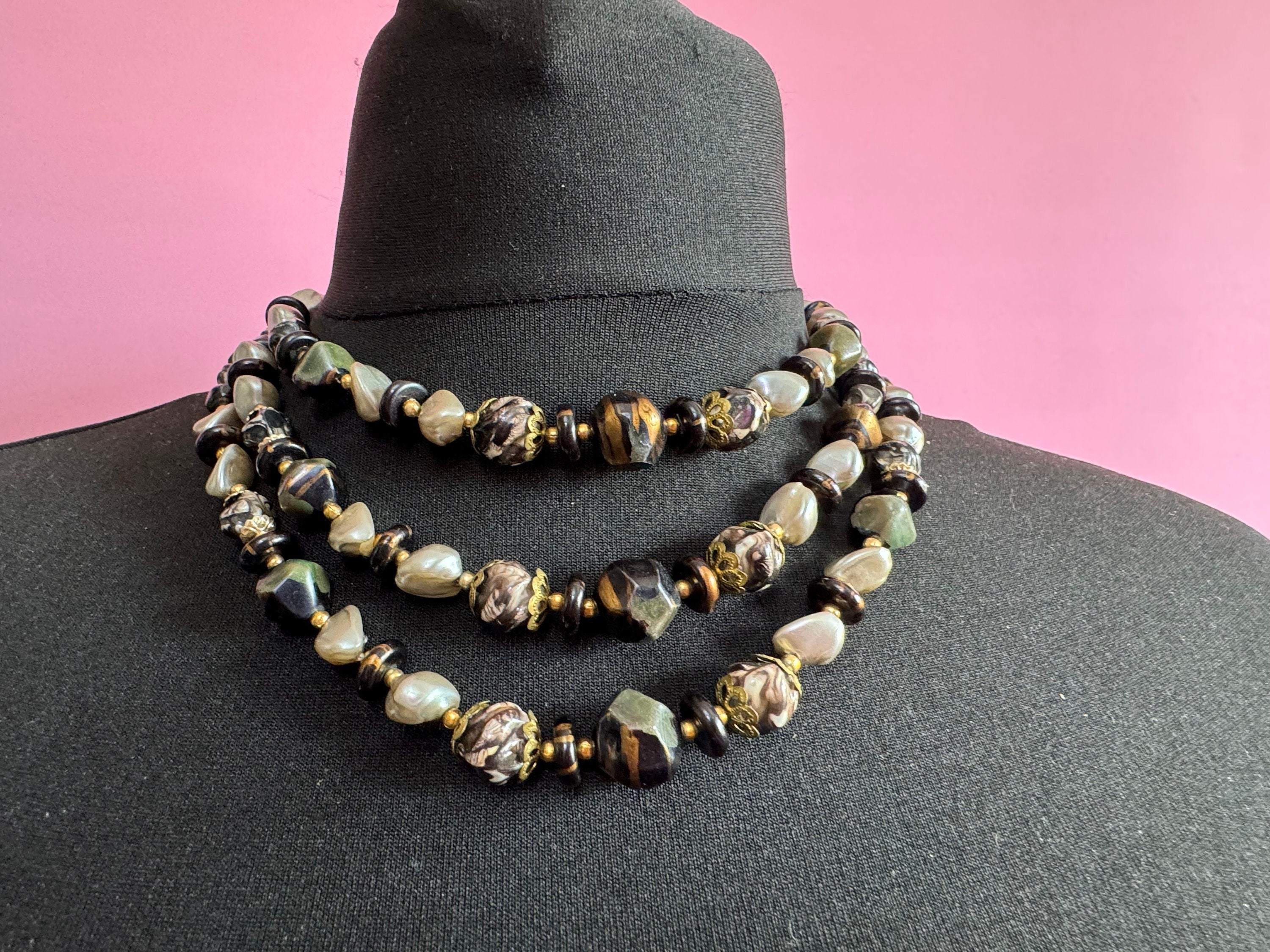 Vintage Faux Pearl Choker: Black & Grey Plastic Triple Strand Necklace