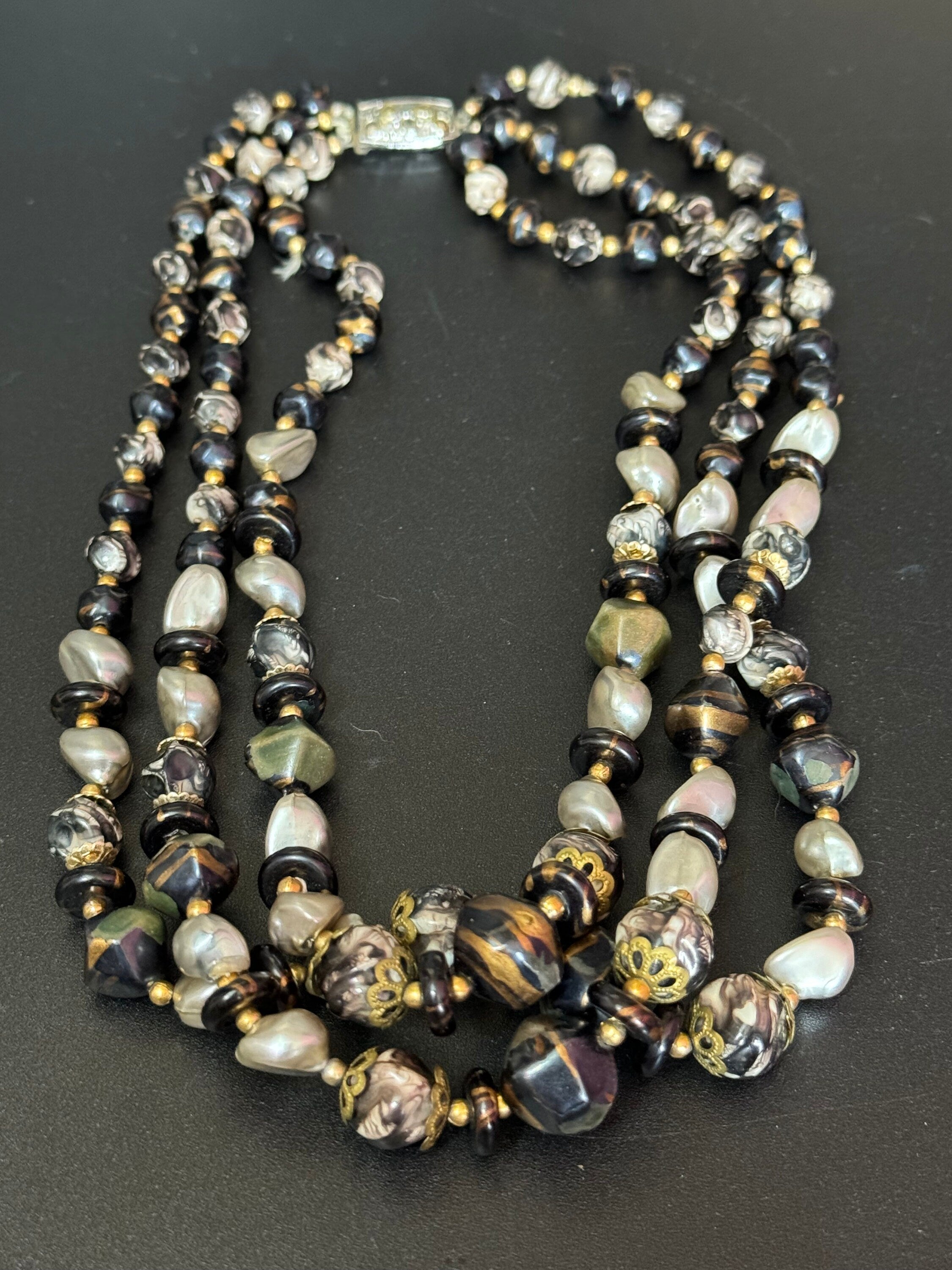 Vintage Faux Pearl Choker: Black & Grey Plastic Triple Strand Necklace