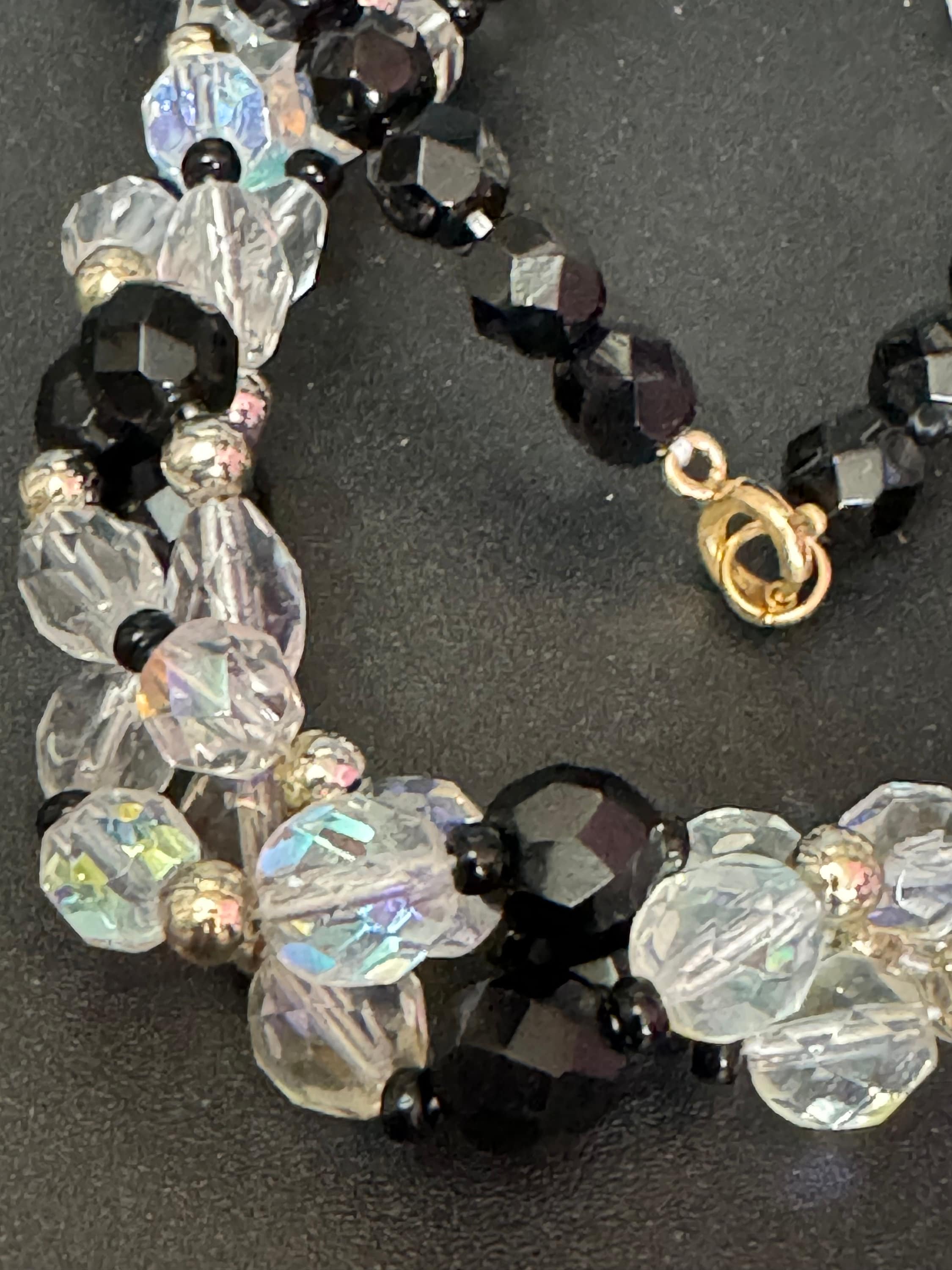 Art Deco Diamanté Beaded Necklace: Black & Clear Glass, Gatsby Style
