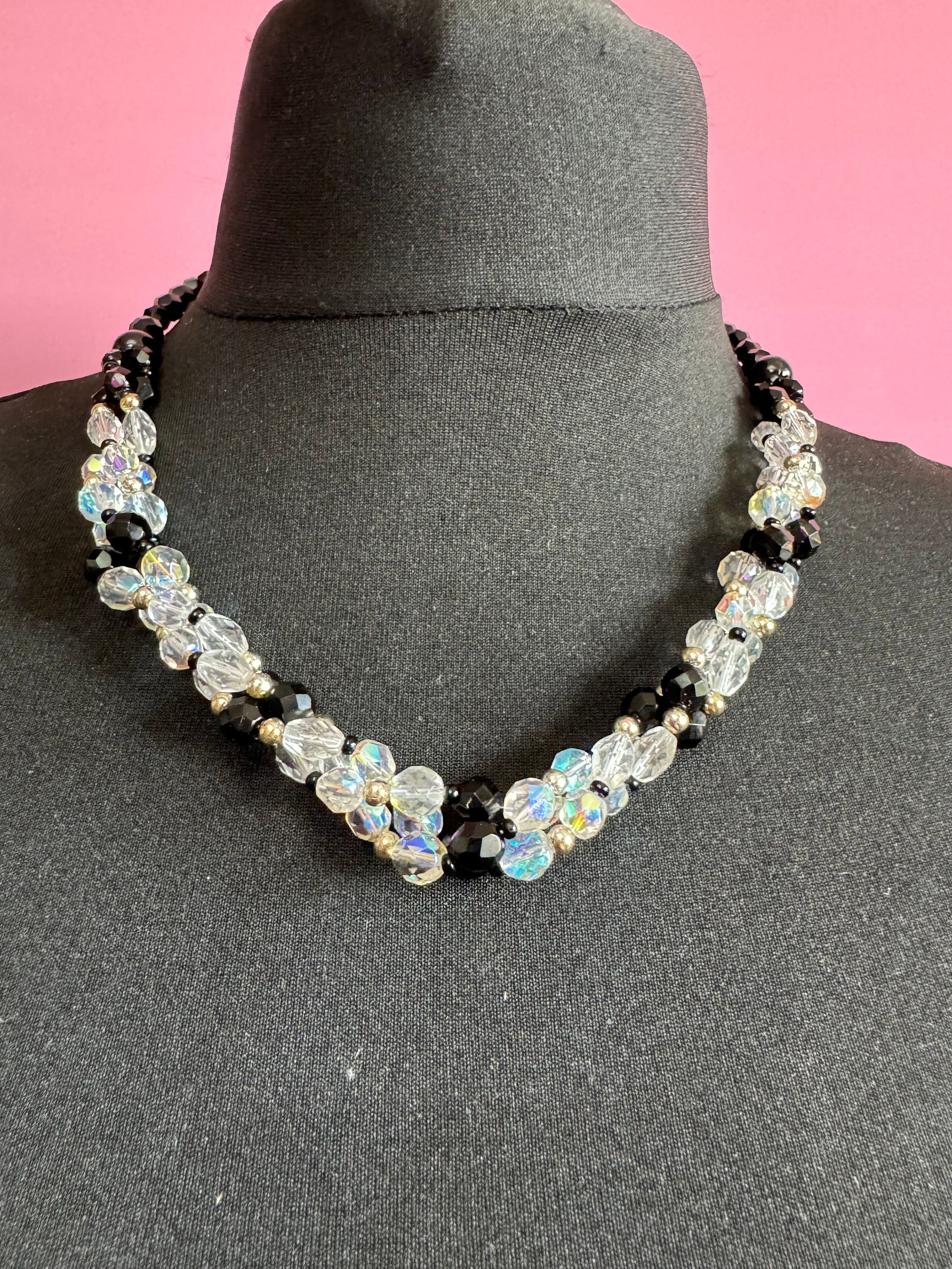 Mid century monochrome black clear glass paste diamanté faceted beaded necklace Art Deco  gatsby party 55cm